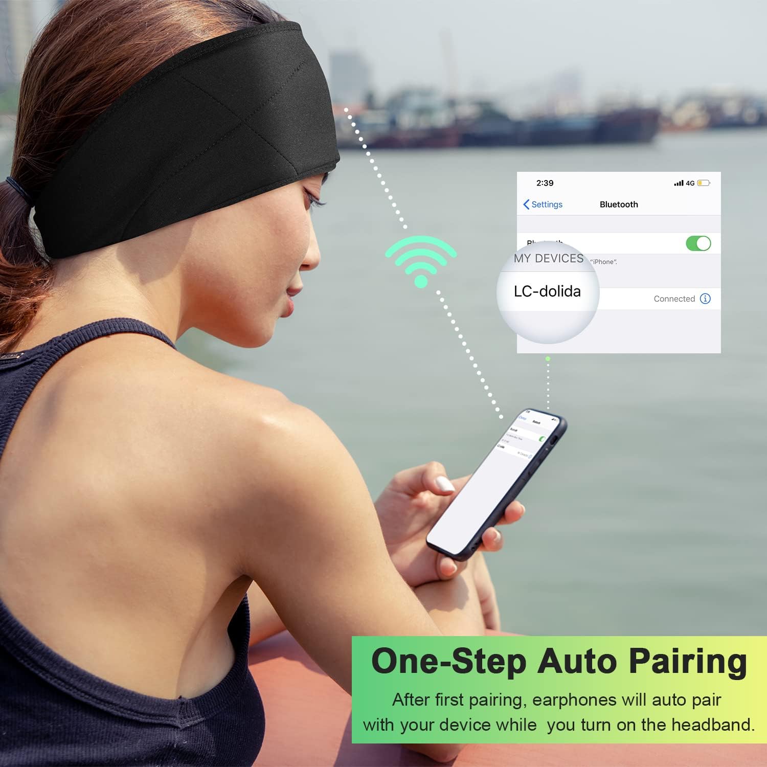 Image showing a person pairing the LC-dolida headband headphones with a smartphone, displaying 'LC-dolida Connected' on the screen.