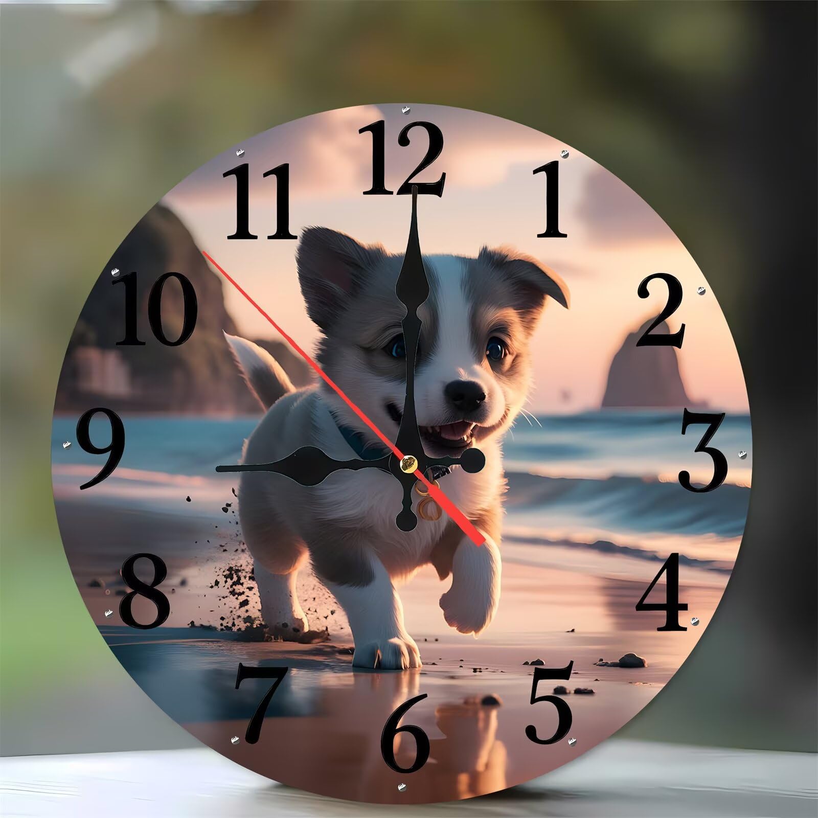 Horloge murale moderne de 35 cm en bois motif chien de plage pour le salon