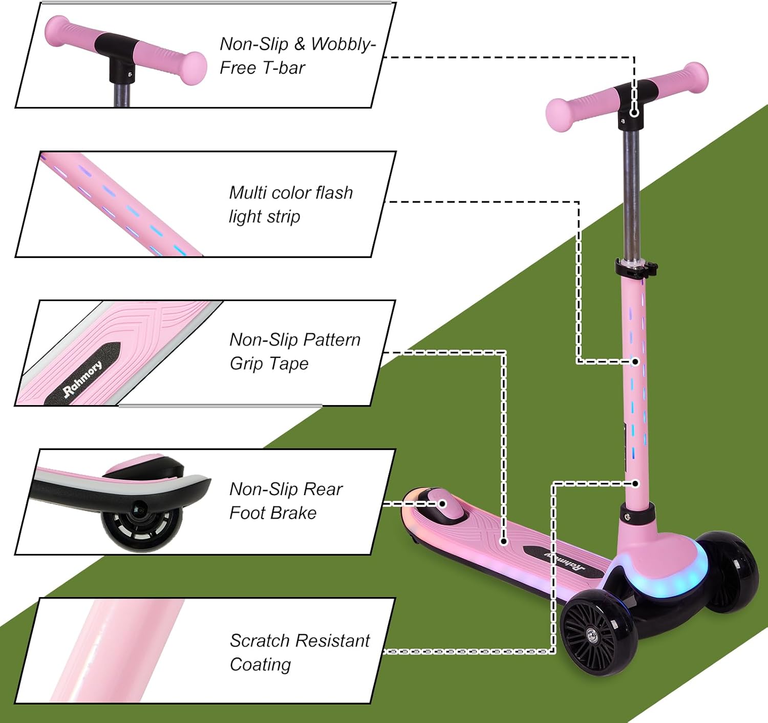 Rahmory Kids Scooter for Boys Girls Ages 3-8, 3 Wheel Light Up Toddler Kick Scooter with 20 Dynamic LED Modes, Foldable Adjustable Height, Extra Wide Deck, Lean to Steer Outdoor Toy Gift
