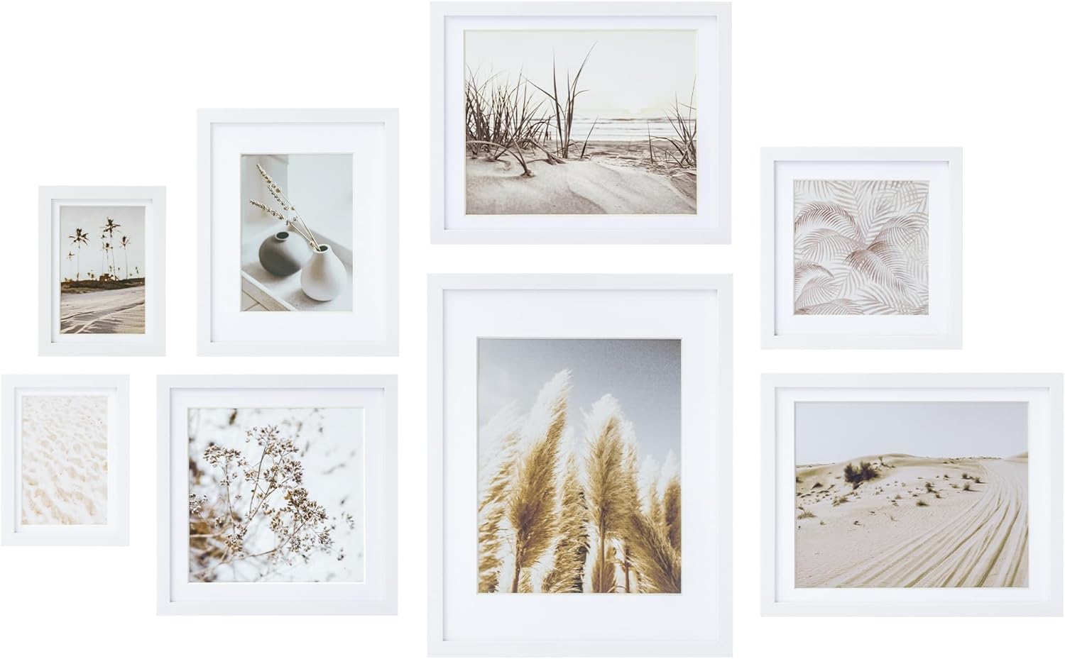 ArtbyHannah Gallery Wall Frame Set, 8 Pack Picture Frames Collage Wall Decor with Neutral Pampas Grass Art for Living Room, Assorted Size Including 11"x14", 8"x10", 5"x7"(Beige Frame)