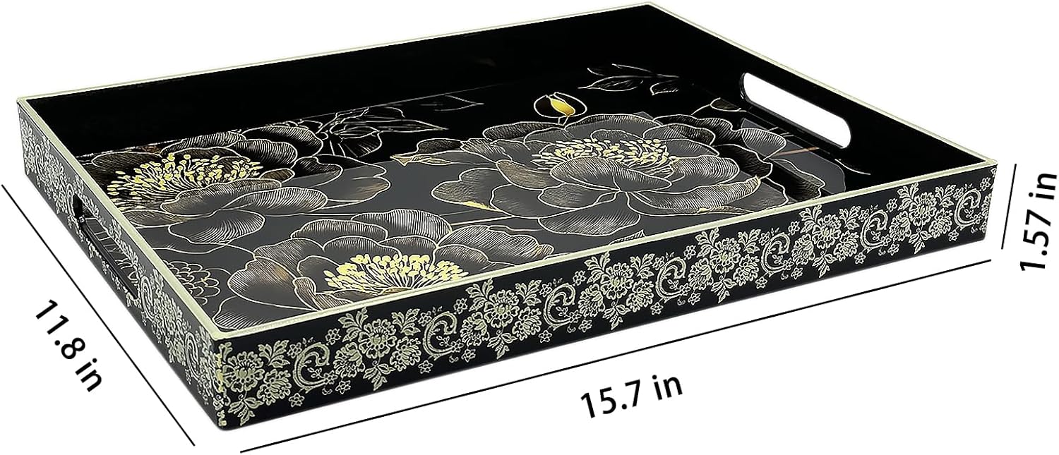 Serving Tray with Handles, 15.7 * 11.8 inches, Plastic Ottoman Tray with Exquisite Paintings, Trays for Coffee Table