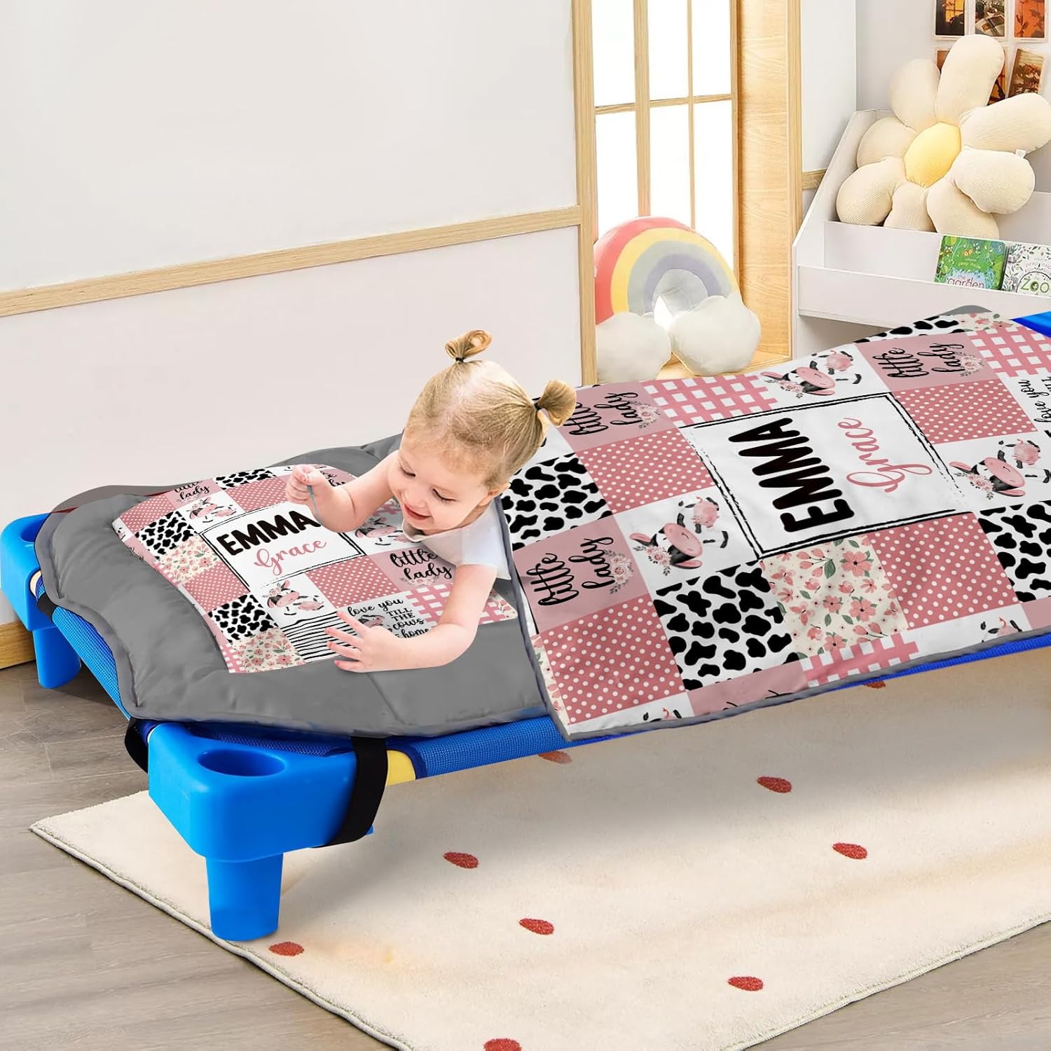 Custom Toddler Bedding Set - Personalized Name with Animals Plaid Nap Mat for Preschool, Roll Up Sleeping Bag with Flannel Blanket for Boys Girls Kids Daycare Gift Color09-Cow