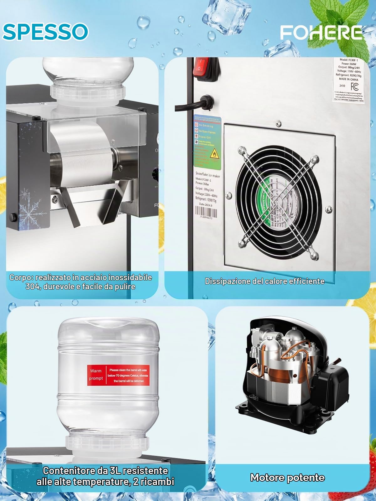 Macchina professionale per ghiaccio tritato FOHERE 80 kg/24 h | Macchina per bingsu in acciaio inossidabile con funzione di autopulizia e compressore, regolatore di velocità