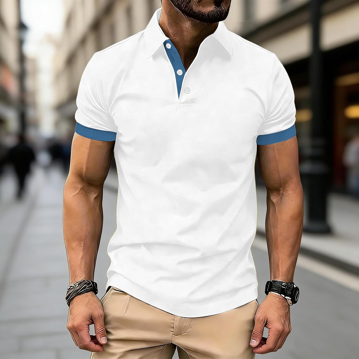 Men's Casual Shirt Knitted Short Sleeve Stretch Golf Shirt Color Block Summer Business Beach Collared Shirts