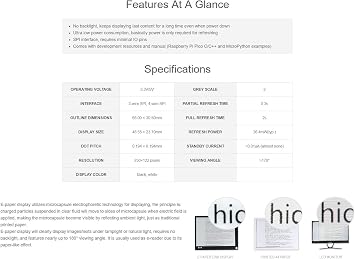waveshare 2.13inch E-Ink Display HAT 250122 Pixels Black White Two Color E-Paper Module epaper Screen for Raspberry Pi Pico Microcontroller Board,Support Partial Refresh