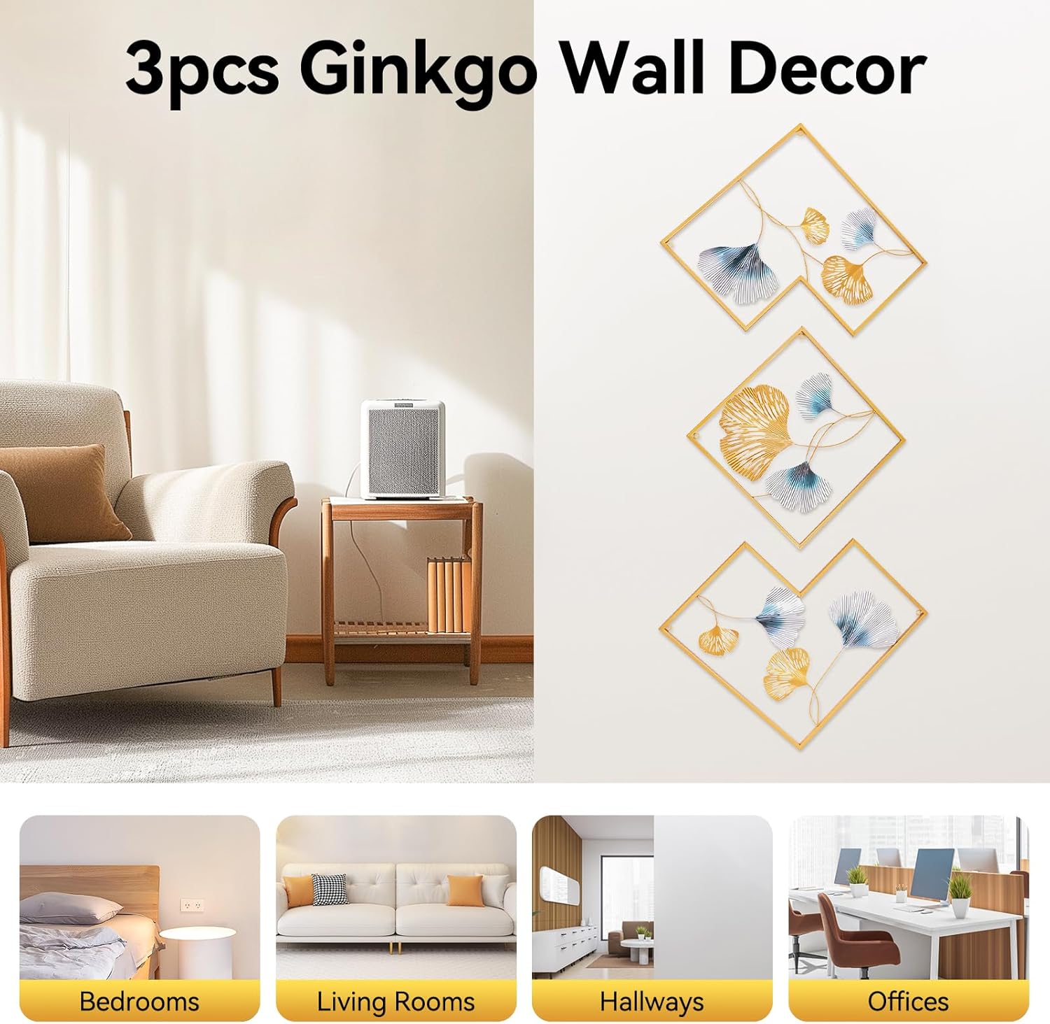 WUSILILU 3PCS Metal Ginkgo Wall Decorations, Wall Mount Gold Leaf Art Decor with Frame, Modern Indoor Wall Art Decorations Set for Bedroom, Living Room, Study, Dining Room, Entryway