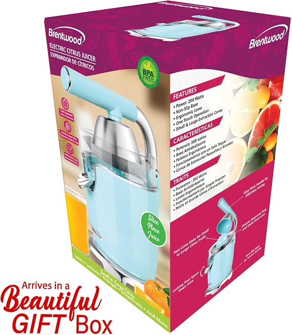 Brentwood Powerful Electric Citrus Juicer Orange, Lemon, Lime, and Grapefruit Squeezer, Ergonomic Lever, 2 Cones, Dishwasher Safe Parts (Blue, Exrta Large)