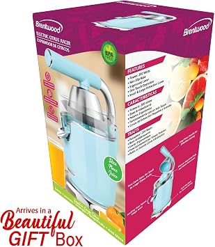 Brentwood Powerful Electric Citrus Juicer Orange, Lemon, Lime, and Grapefruit Squeezer, Ergonomic Lever, 2 Cones, Dishwasher Safe Parts (Blue, Exrta Large)