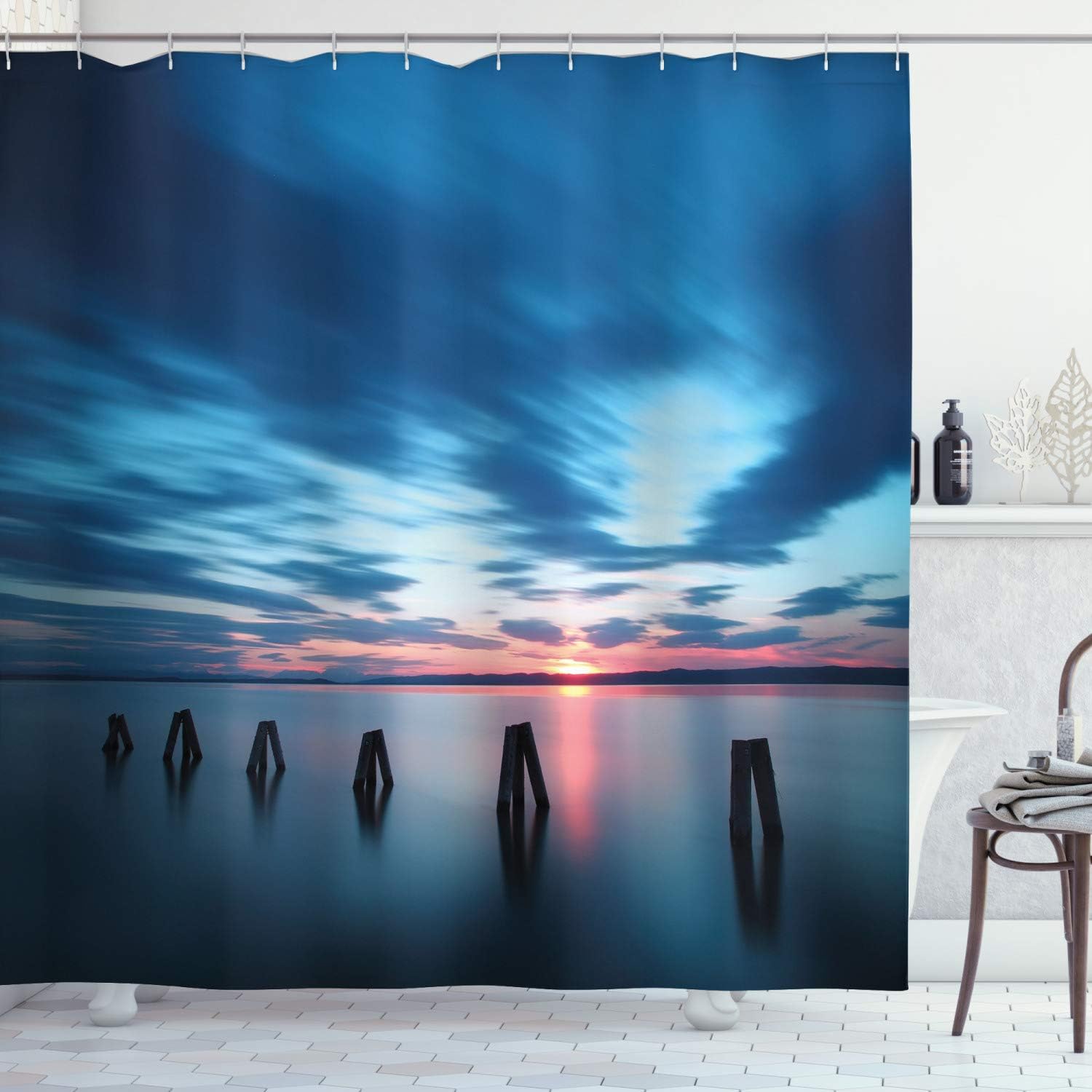 Ambesonne Ocean Shower Curtain, Calm Seascape at Sunset in Vietnam Motion Effected Clouds Twilight Scenery, Cloth Fabric Bathroom Decor Set with Hooks, 69" W x 70" L, Blue Coral