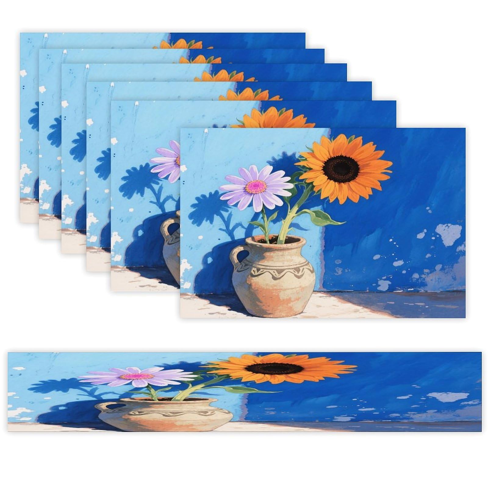 Daisy Sunflower Table Runner and Placemats Set of 7 Linen Table Mat Non-Slip Place Mats Washable Placemat Heat Resistant Place Mat with Table Runner for Party Dining Decor