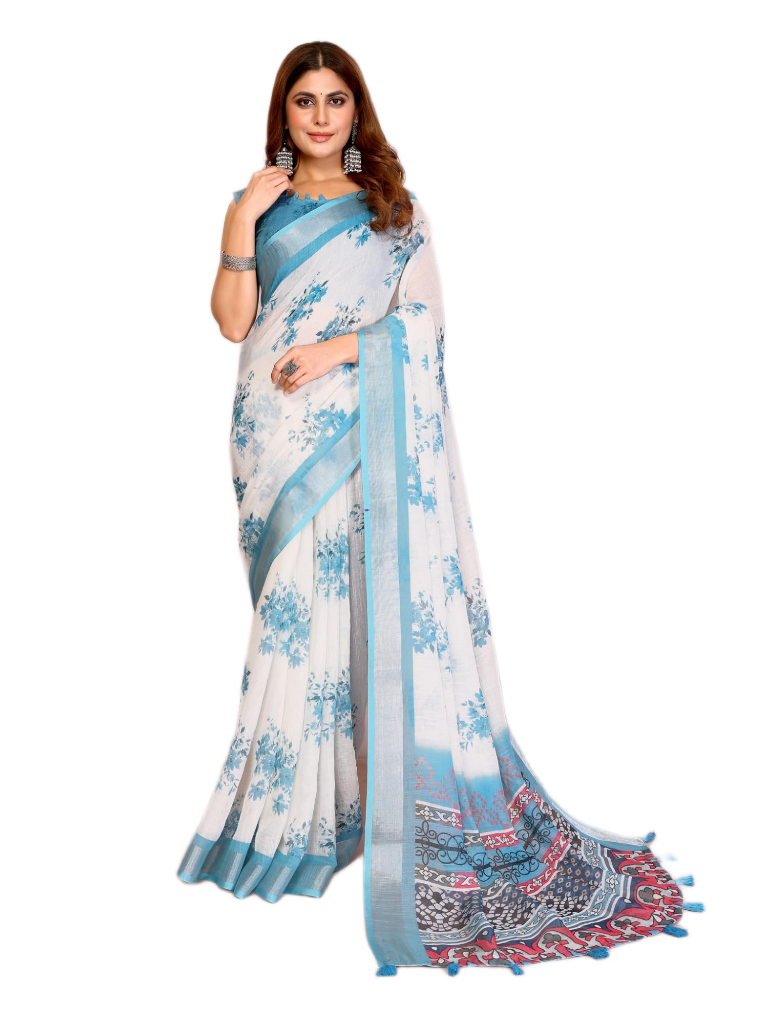 Women's Linen Cotton Saree Soft Lightweight Breathable Blouse | 5 meter saree With 0.80 Meter Unstiched Blouse & Printed Saree-SC-849-picture-51
