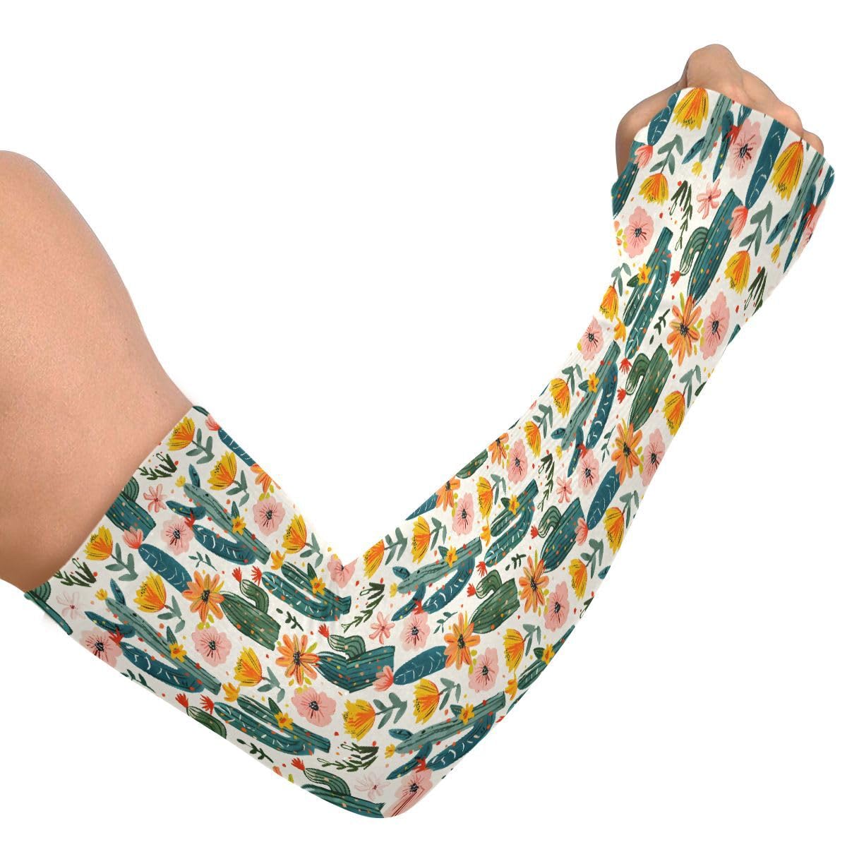 ALAZA Floral Cactus Blossom Flower Color Gardening Sleeves Cooling Arm Sleeves Sun Protection Thumb Hole Arm Covers for Women Men