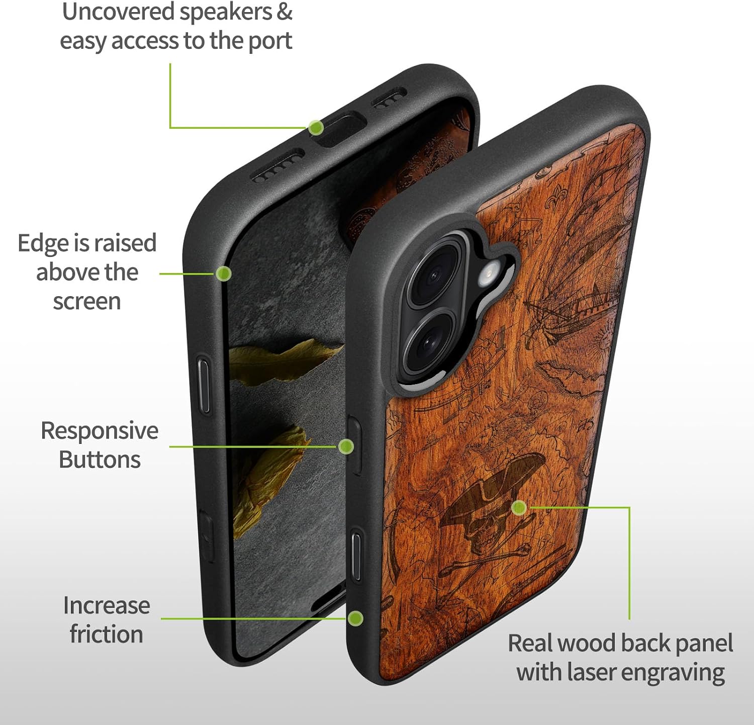 Carveit Magnetic Wooden Case for iPhone 17 Case, Wood Artisan Engraved & Black Soft TPU Shockproof Cover, Compatible with MagSafe Wireless Chargers (Pirate Flag) Rosy