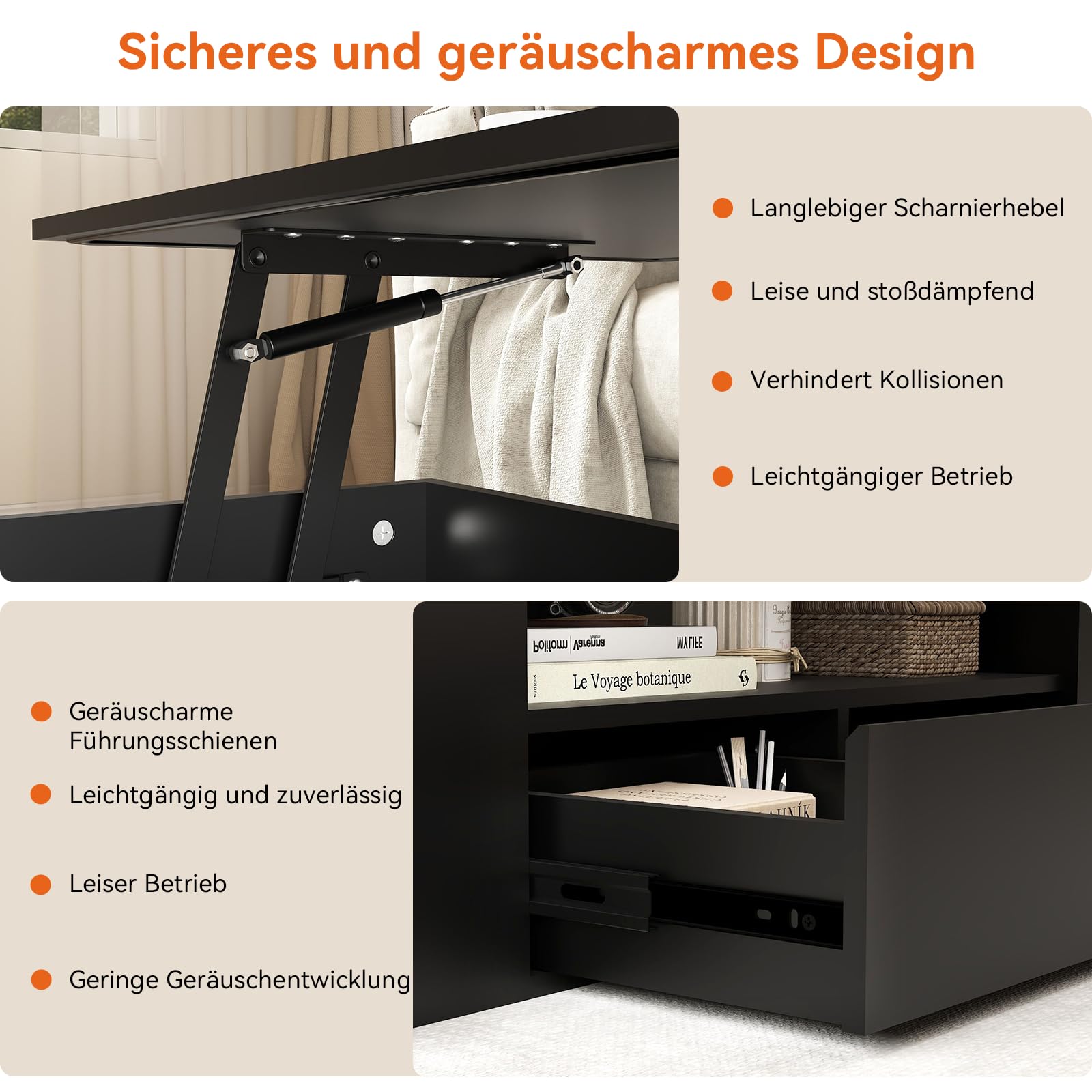YU YUSING Couchtisch Höhenverstellbar mit Stauraum und LED, Wohnzimmertisch mit Verstecktem Fach und 2 Schubladen, Beistelltisch Umwandelbar in Esstisch, 90x50cm Sofatisch für Wohnzimmer, Schwarz