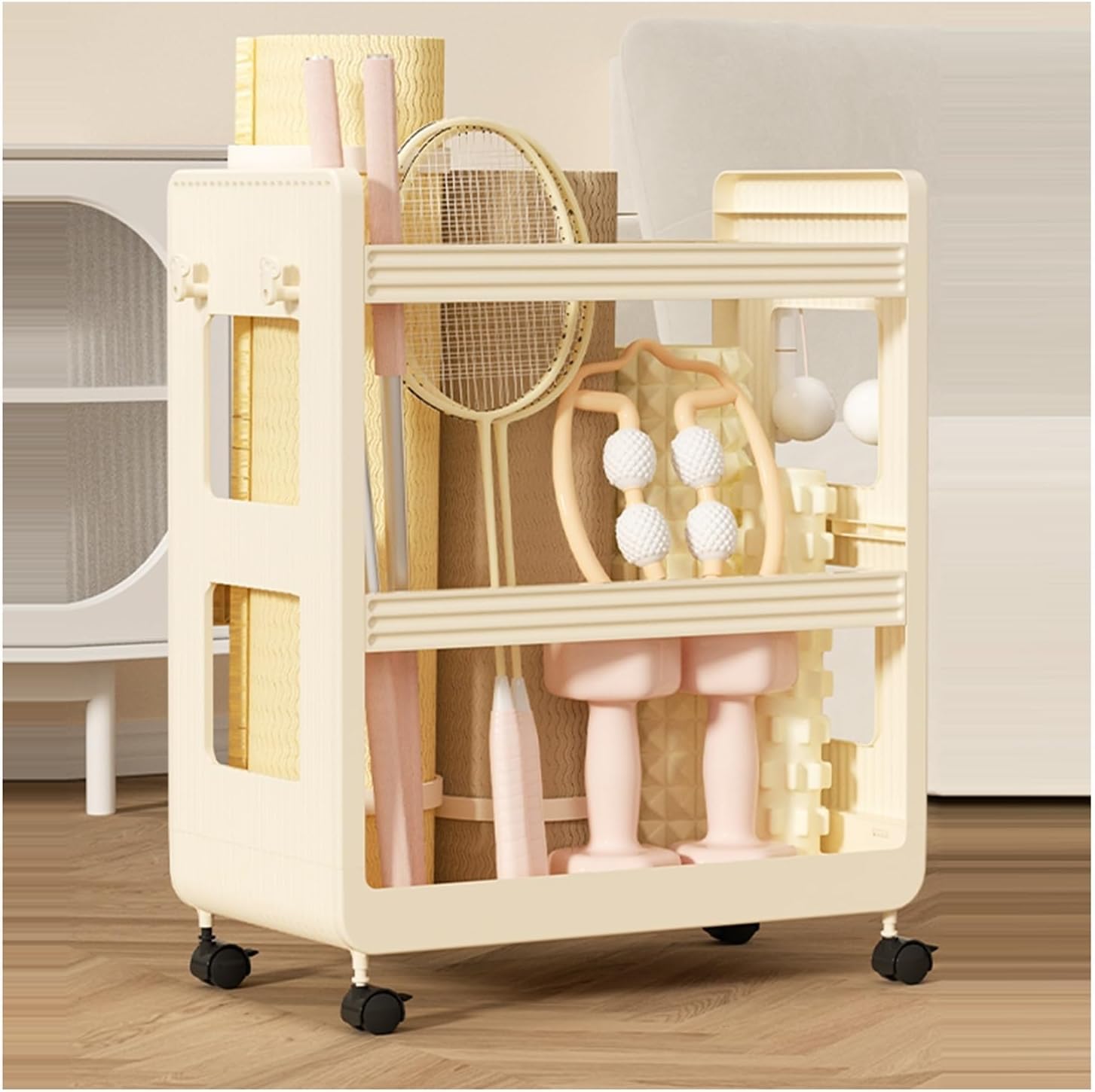 Support de rangement pour raquettes de tennis blanc crème à roulettes pour club et gym