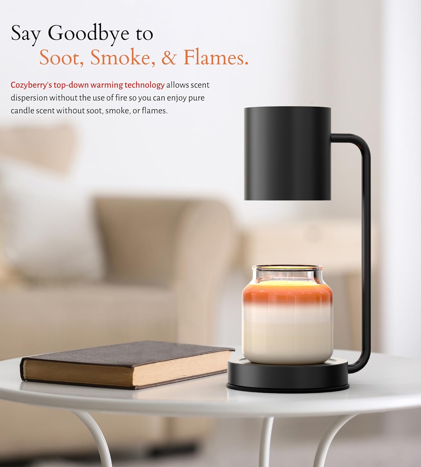 Cozyberry® Querencia™ Candle Warmer Lamp, 1-, 2-, 4-Hour Timer, 2 x Bulbs Included, Compatible with All Candles, Candle Lamp, 110-120V, Dimmable Candle Melter, Small & Large Size Jar Candles (Black)