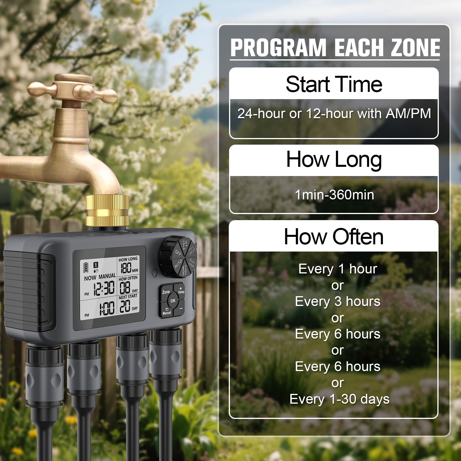 Haozee Irrigazione computer 4 uscite, timer da giardino con ritardo della pioggia/modalità automatica e manuale, IPX5 impermeabile/grande display LCD controllo di irrigazione