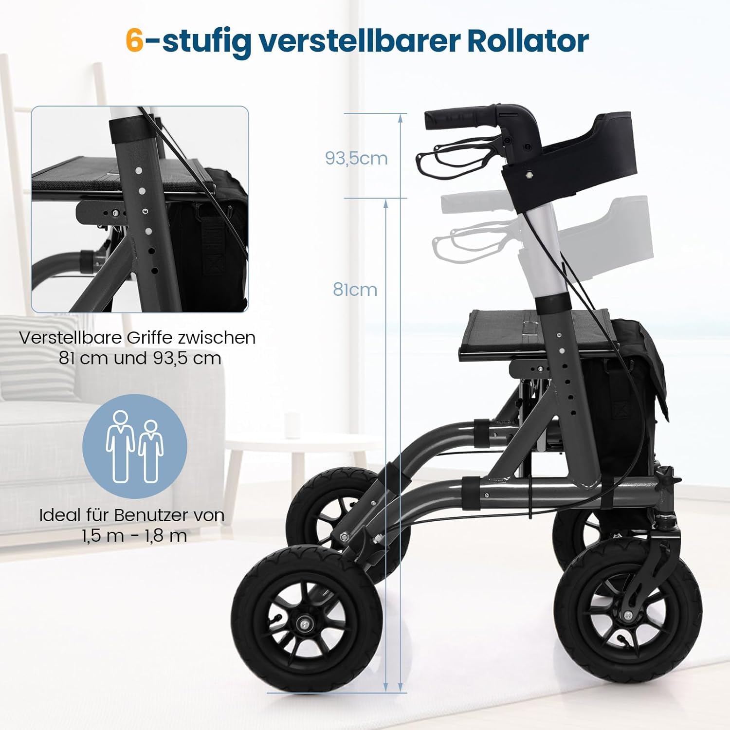 FANTASK Rollator mit Sitz für Senioren, Rollatoren Aluminium 6-fach höhenverstellbar, faltbar und leichtgewicht Laufhilfe mit Luftbereifung, 2 in 1 Rollstuhl & Reiserollator bis 136kg (Schwarz)