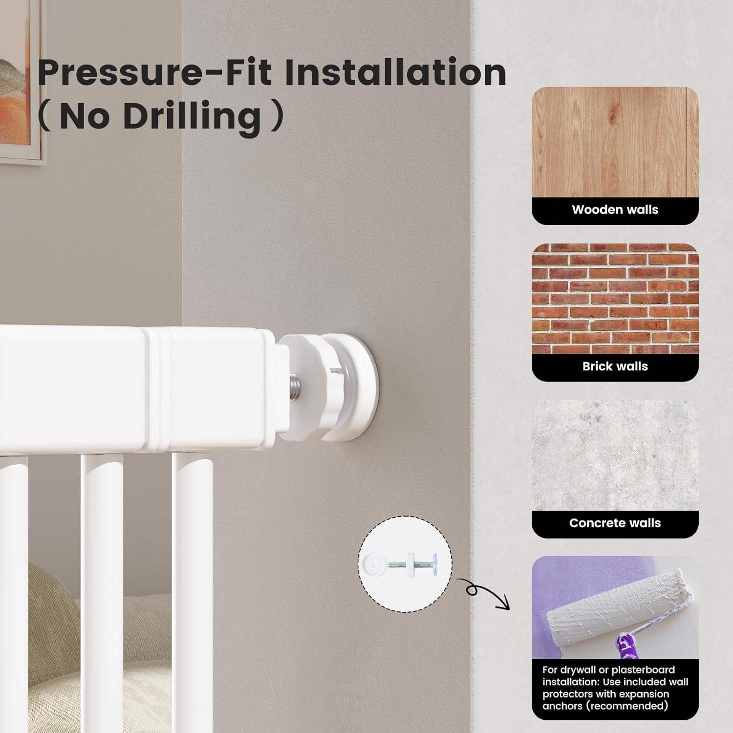 Gardner Pet 51"-87" Extra Tall Cat Gate for Doorway, 27.56"-37" Wide Included 4 Extension Kits, No Drilling Pressure Mount Kit Full Door Gate for Dogs (White, 51"-87" High)
