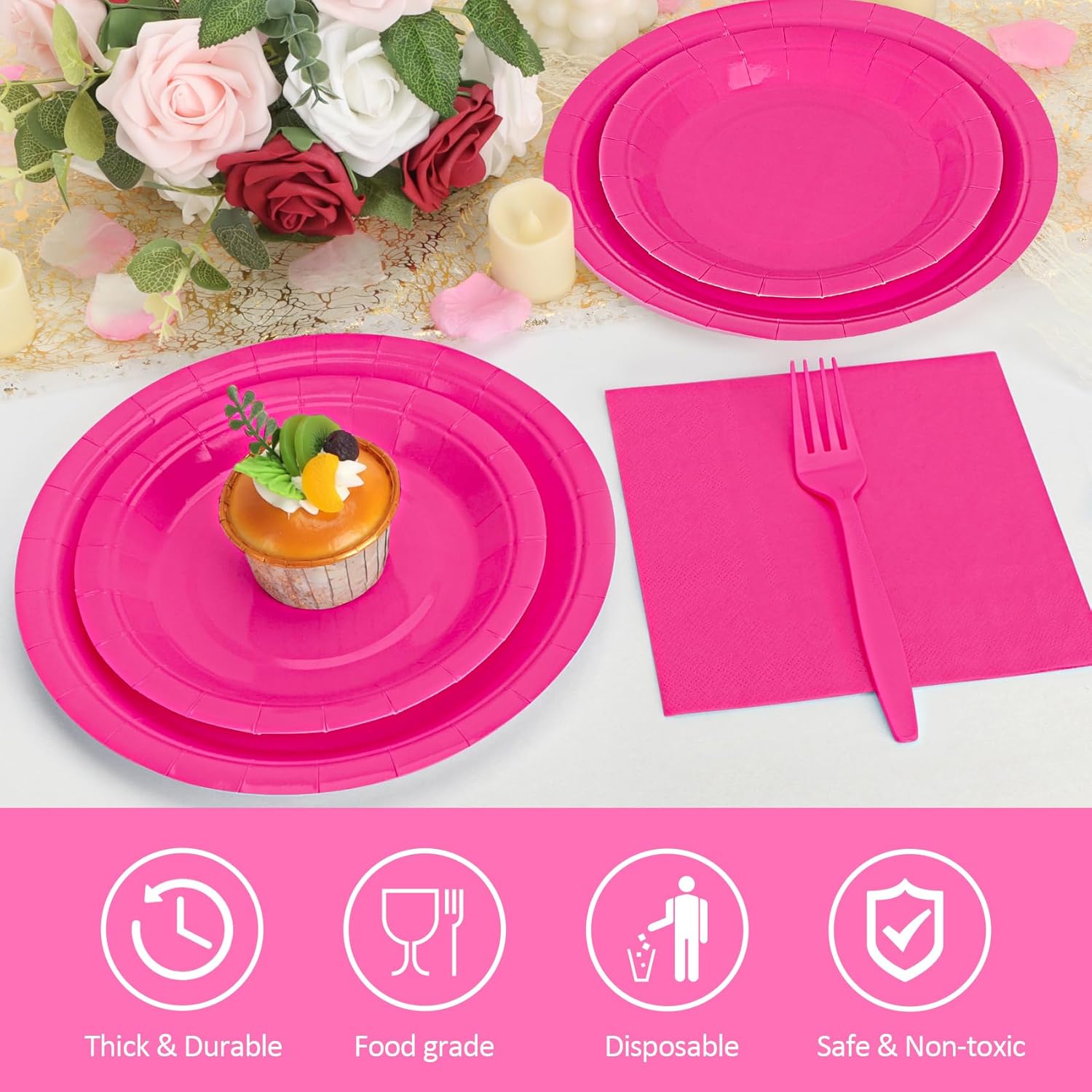 250Pcs Hot Pink Paper Plates and Napkins Supplies, Include 9’’Paper Party Plate, 7’’Dessert Plates Cups Napkins Forks Sets for Birthday, Anniversaries, Wedding, Picnics, Serves 50