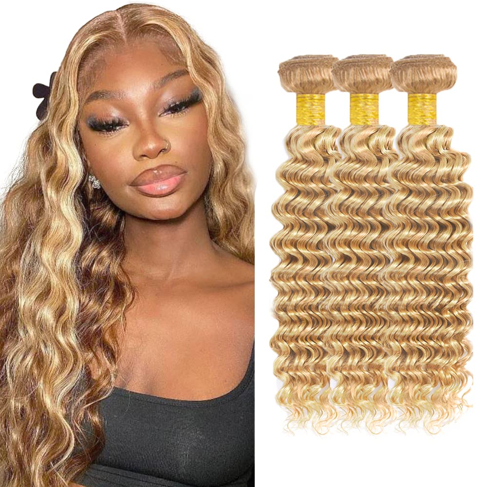 28 30 32 inch P27/613 Human Hair Bundles Blonde Deep Wave 3 Bundles Two Tone Honey Blonde Bundle 613 and 27 Hair Extensions