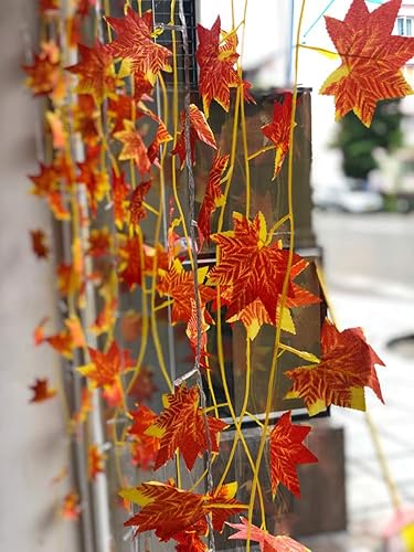 Miniatura 7 de Kalolary Guirnalda de hojas de arce artificiales de otoño de 90 pies, 12 hebras, guirnalda de hojas falsas de otoño, planta colgante para el hogar,