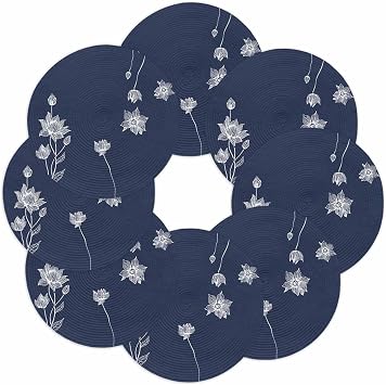 Round Placemats Set of 8 Lotus Flowers Place Mats Washable Woven Placemat Harmony Floral Navy Blue Circle Braided Table Mat for Kitchen Dining Table Party Home Decor 15 Inch