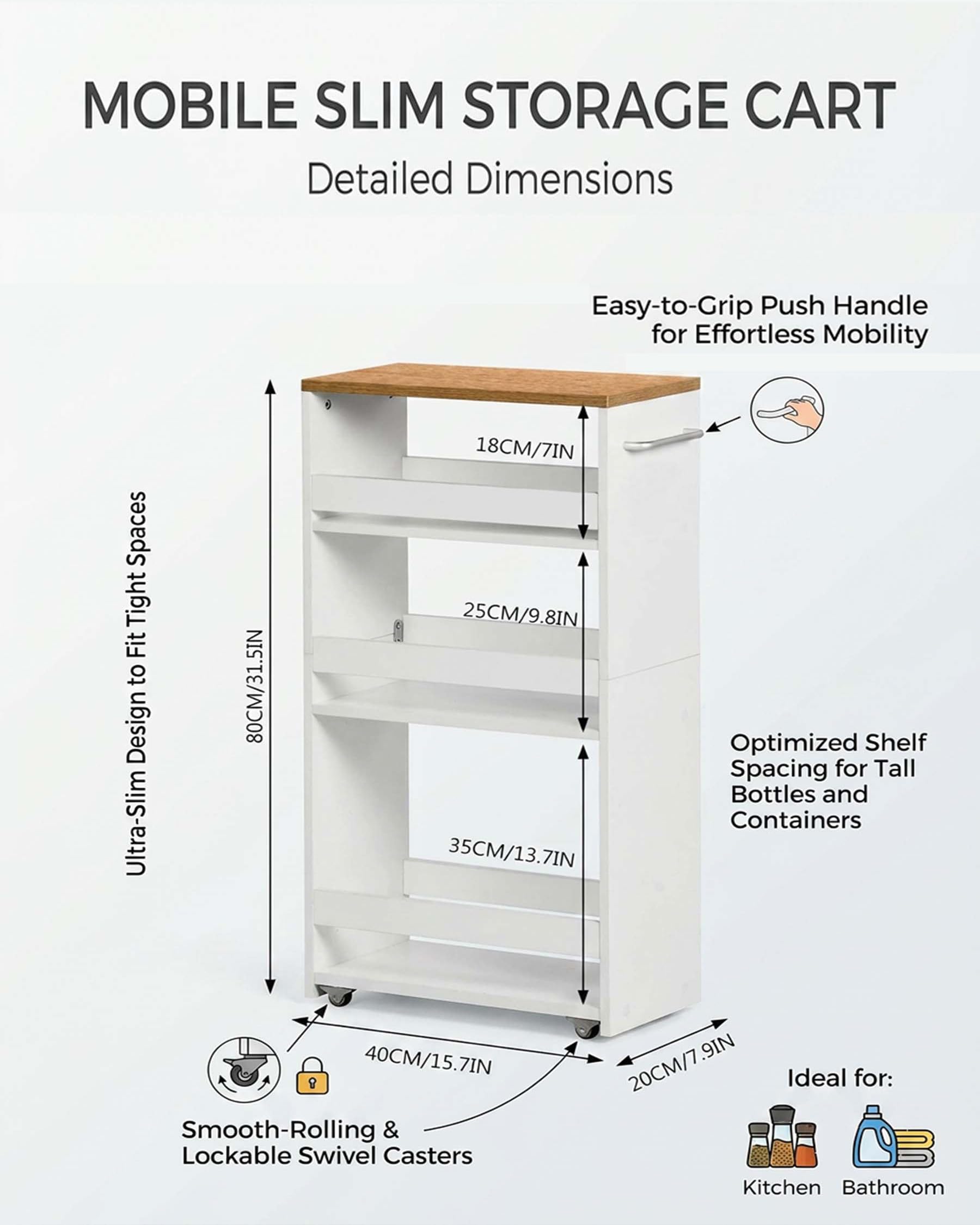 Carrito de Almacenamiento Estrecho Blanco 5 Niveles 40×22×108cm | Cuatro ruedas, dos con freno, facilitan el desplazamiento; el asa lateral y los ganchos añaden espacio de almacenaje.