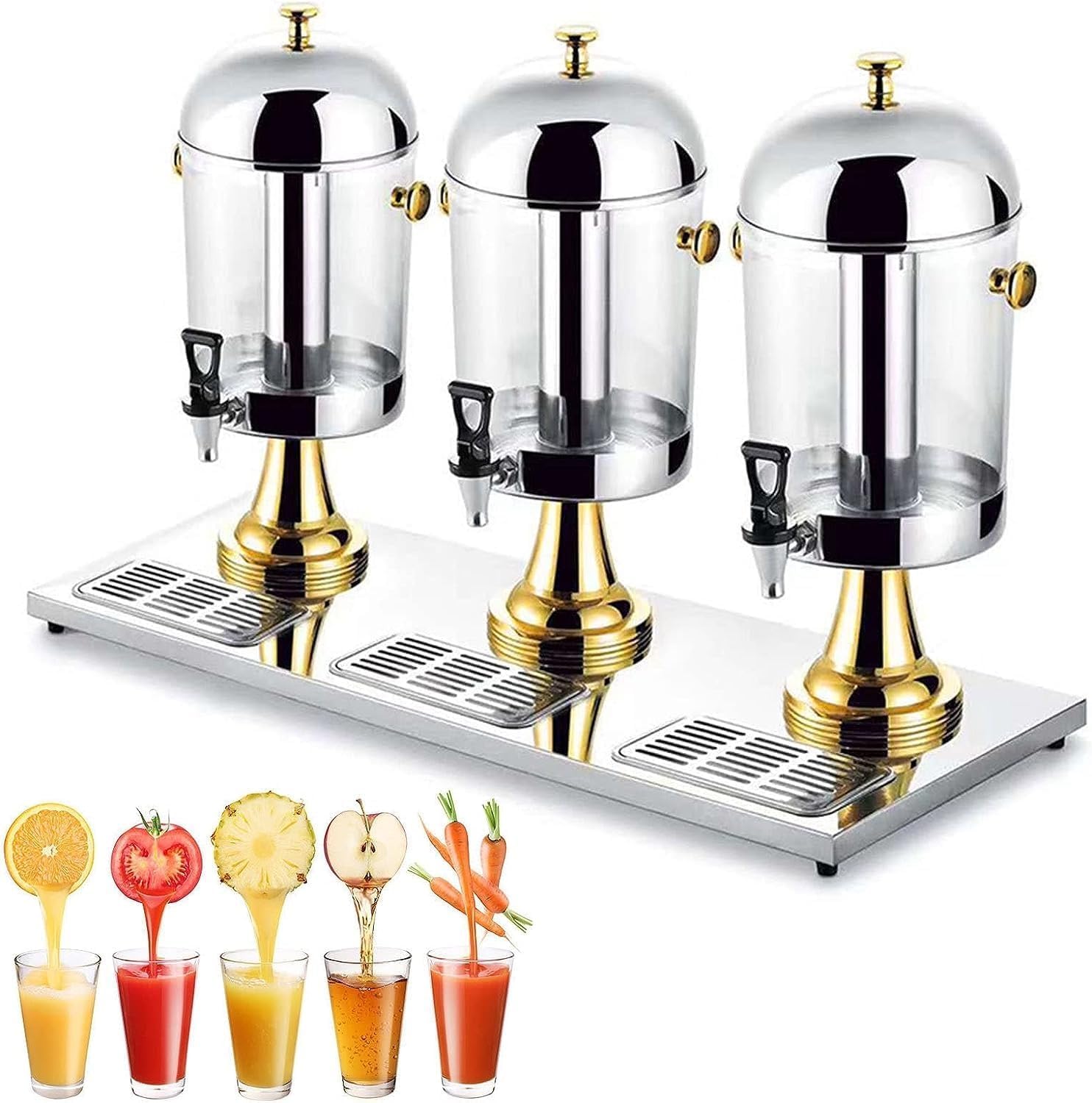 MYUYEE Stainless Steel Beverage Dispenser With Tap, 16L/ 24L Drinks Dispenser Container, Commercial Juice Dispenser, For Breakfast Buffet Bars Hotels (Gold Three Head)