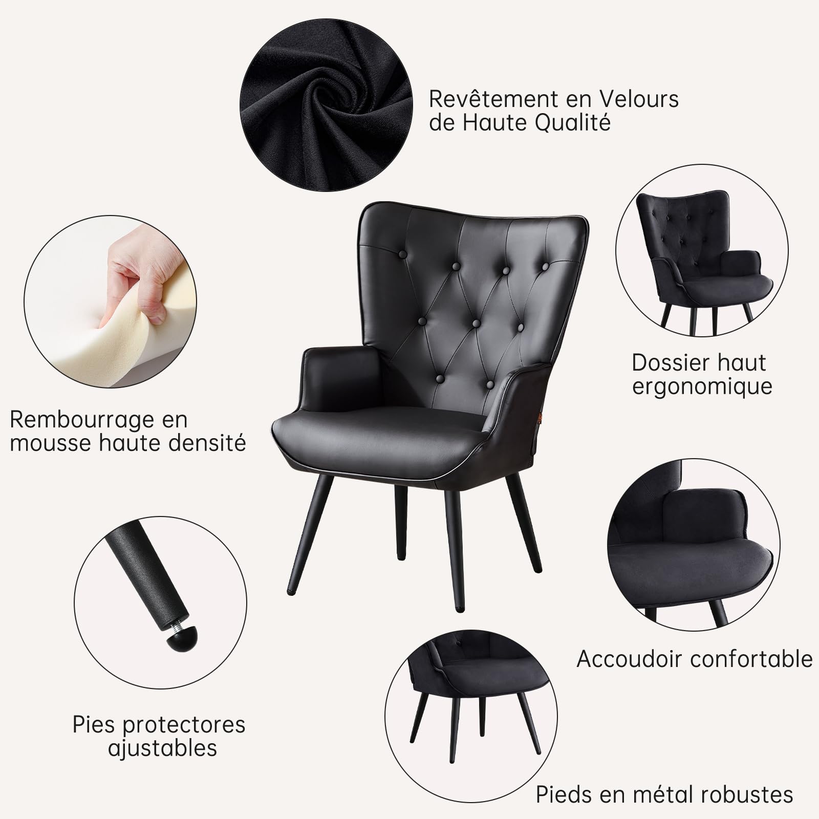 Set di 2 Poltrona Salotto, Poltrona Camera da Letto Poltrone Scandinava Relax in Finta Pelle con Braccioli, Poltrone Imbottita in Velluto con Schienale Alto per Camera da Letto Soggiorno, Nero