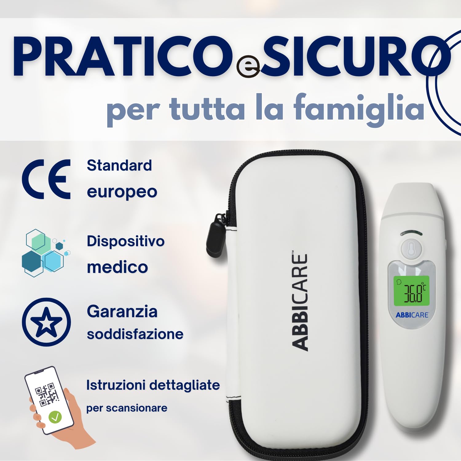 Termometro febbre frontale e auricolare ABBICARE™ con custodia | Modalità speciale bebé precisa e rapida in 1 secondo senza contatto | Termometri medici professionali infrarossi adulti