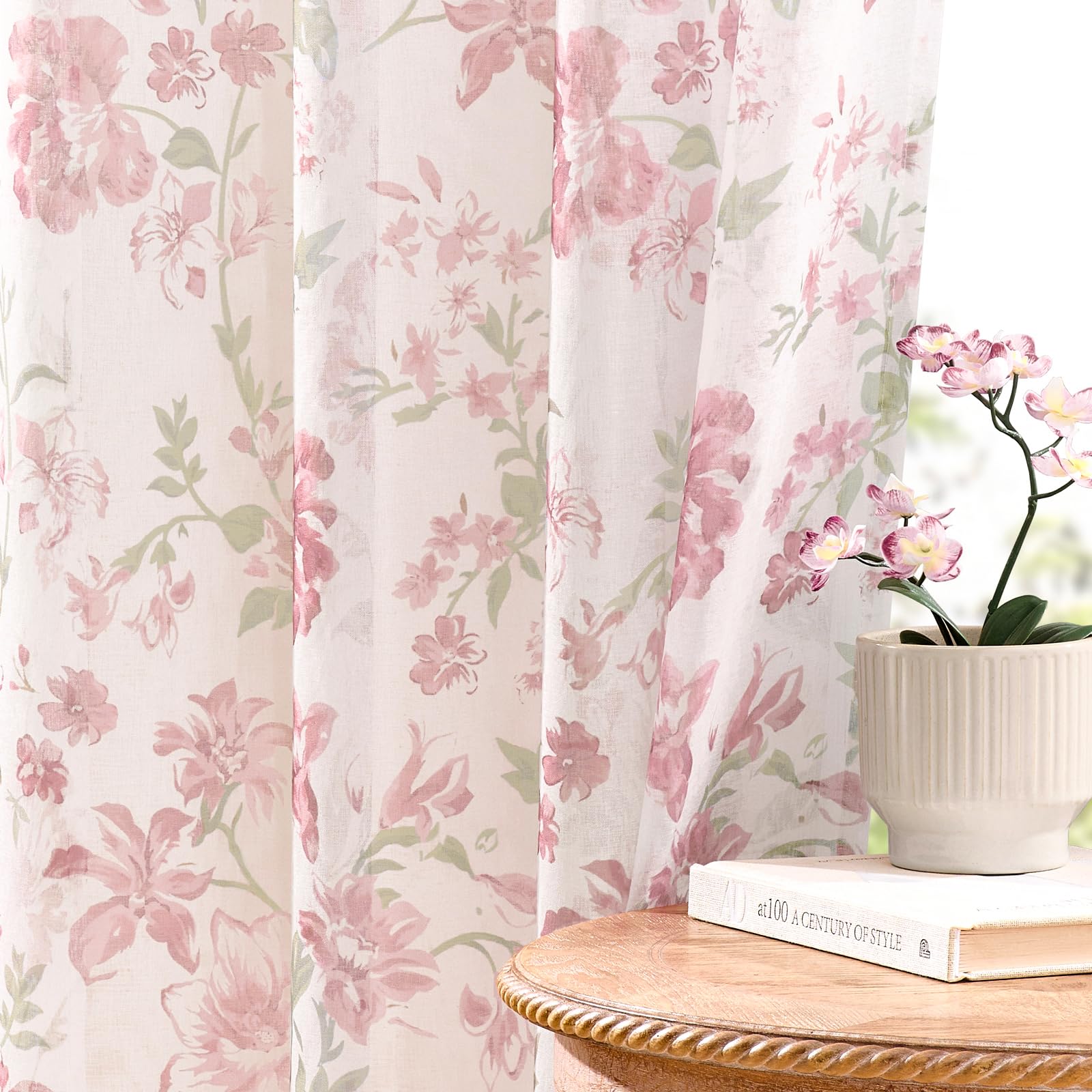 Pink Floral Sheer Curtains for Girls Bedroom 84 Inches Long 2 Panels Spring Garden Theme French Romantic Flower Curtains for Living Room Rod Pocket Light Filtering Window Drapes for Nursery, 52x84