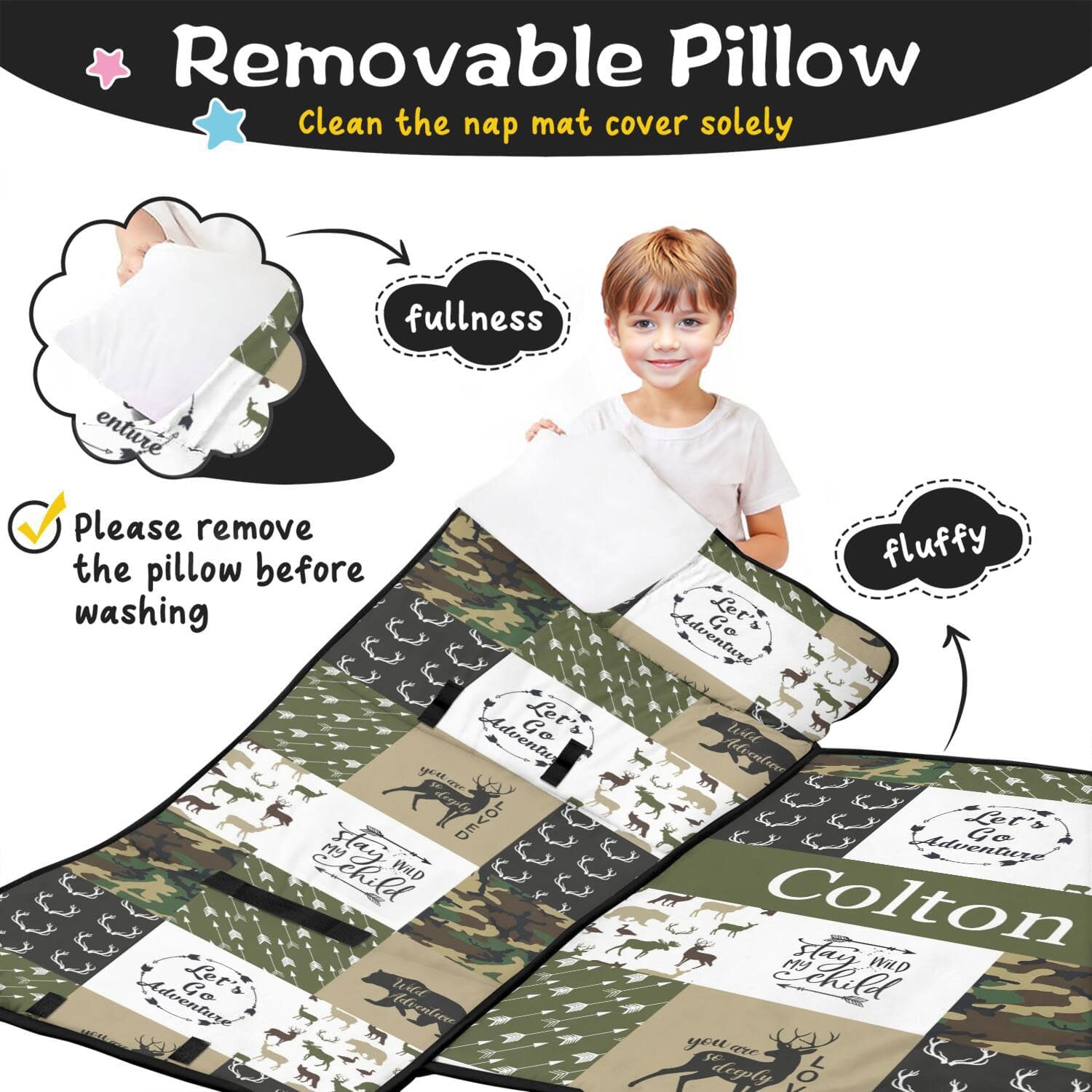 Personalized Woodland Deer Nap Mat Set with Name, Bear Sleeping Bags for Boys, Customized Camouflage Toddler Bed Mattress for Kids, Slumber Bags for Preschool, Daycare or Kindergarten, Sleep Sack