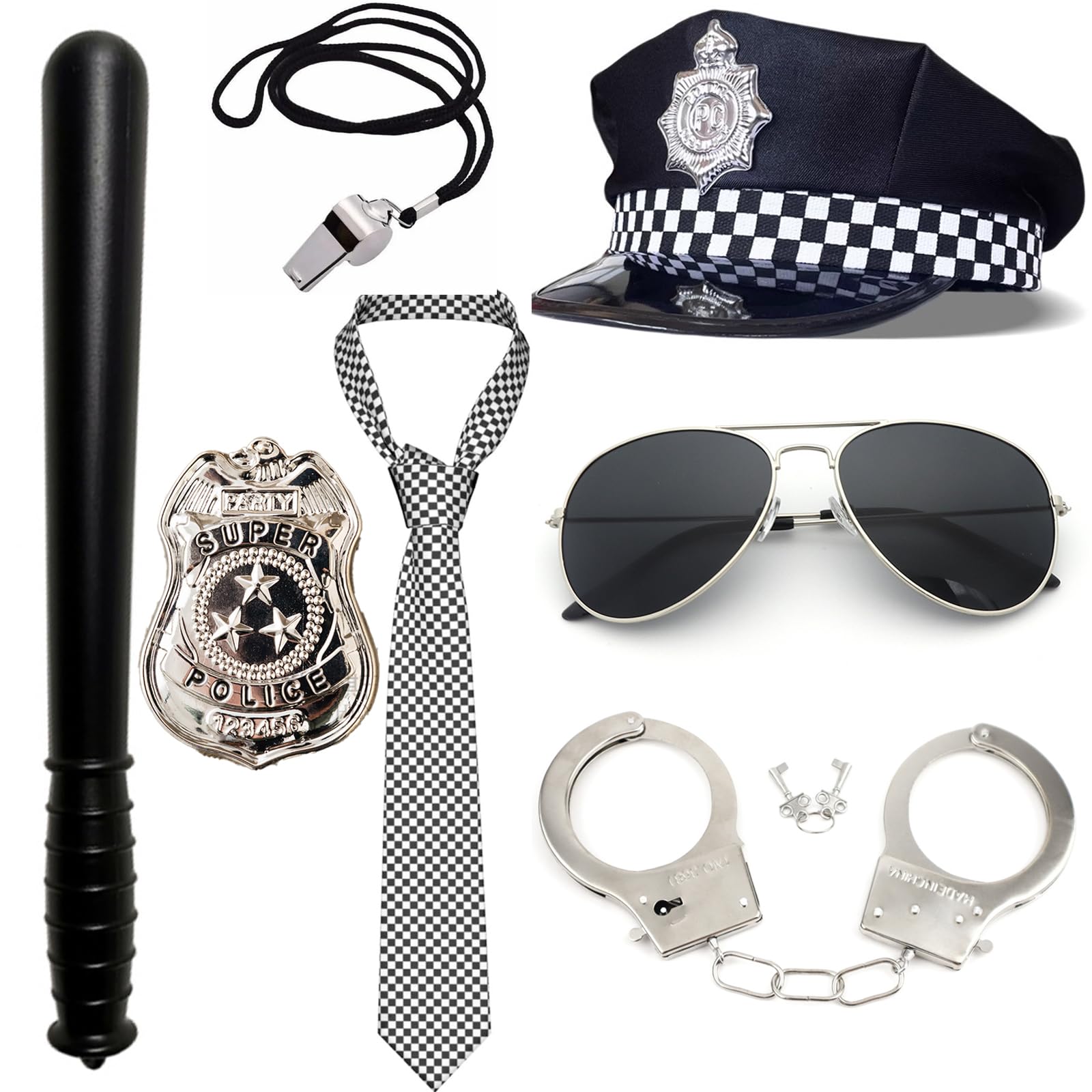 Qylazune Police Halloween Costume Accessories Set 7 Piece Cop Kit Includes Hat, Sunglasses, Whistle, Handcuffs, Tie