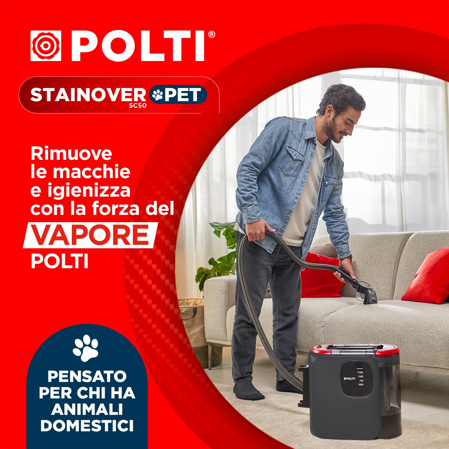 Polti StainOver Pet SC50, Lavatappeti a Vapore 4 in 1 per Rimuovere le Macchie, con Funzione Vaporetto, Spazzola con Serbatoio per i Peli degli Animali, 10 accessori inclusi, Grigio