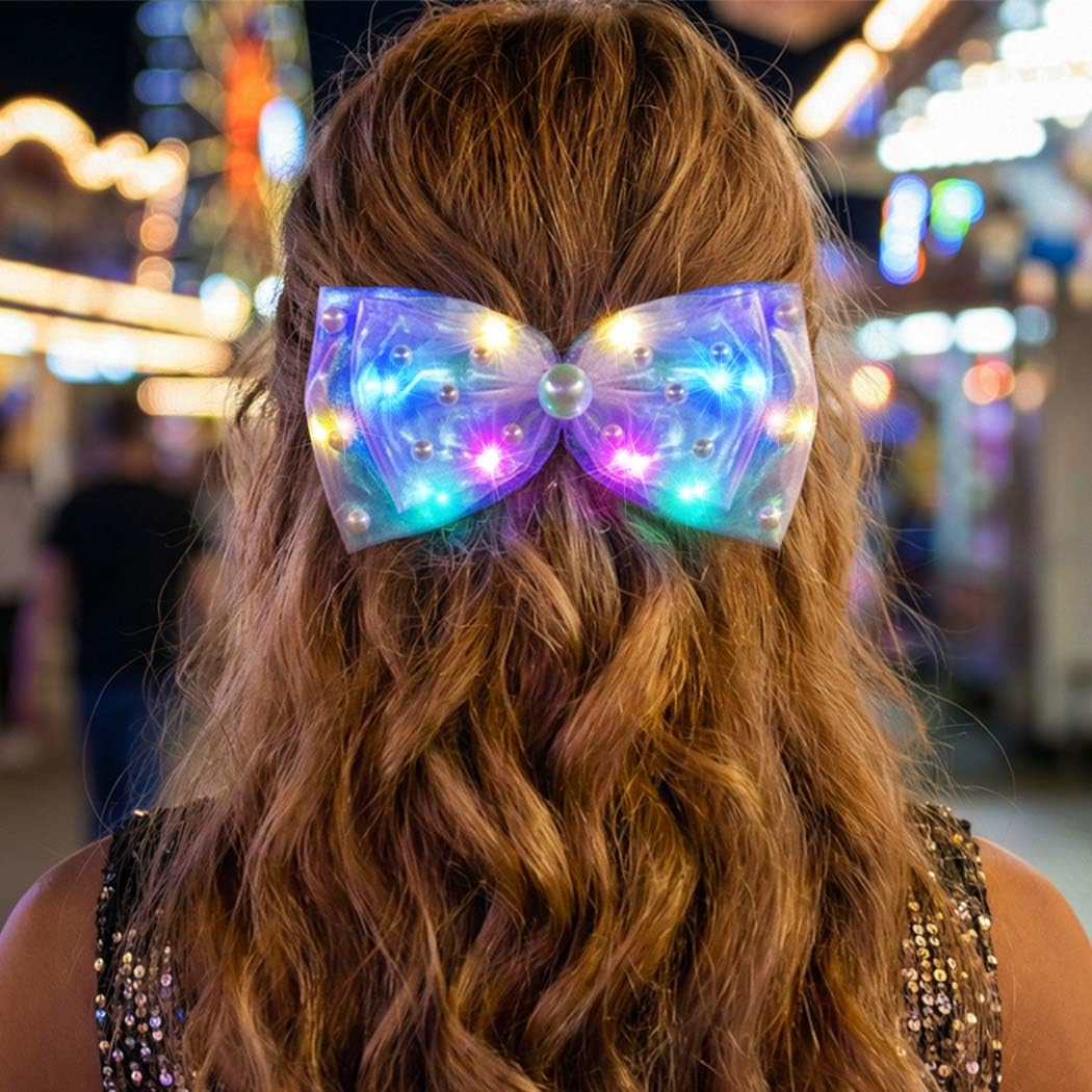 HEREAD Pearl Hair Bow Light Up Bow Knot Hair Clip Barrette Wedding Party LED Hair Accessories for Women (Iridescent)