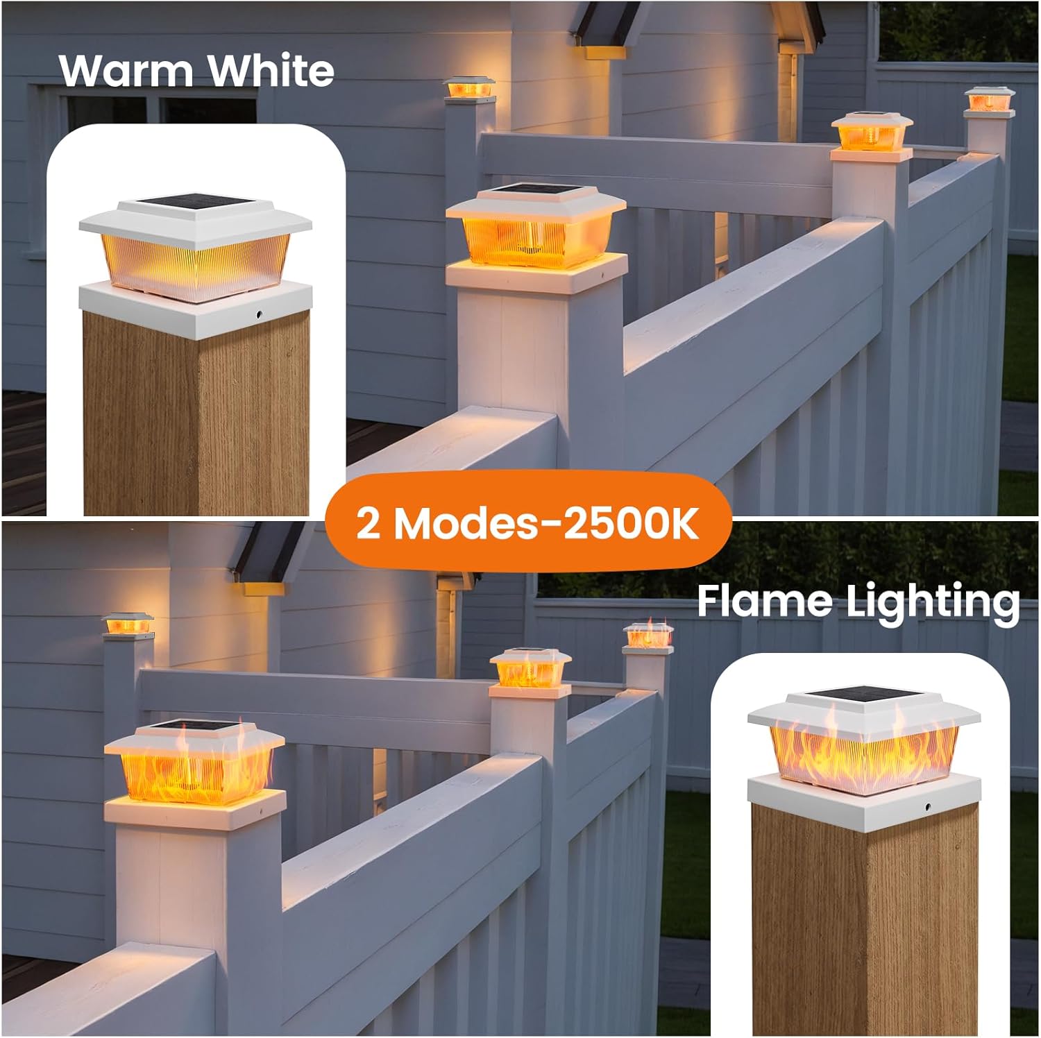 APONUO Solar Post Cap Lights with Flickering Flame & Warm White, 12-Pack for 4x4 Wood/ 5x5 Vinyl Posts, Solar Powered Deck & Fence Lights, Auto On/Off, IP65 Waterproof, Matte White