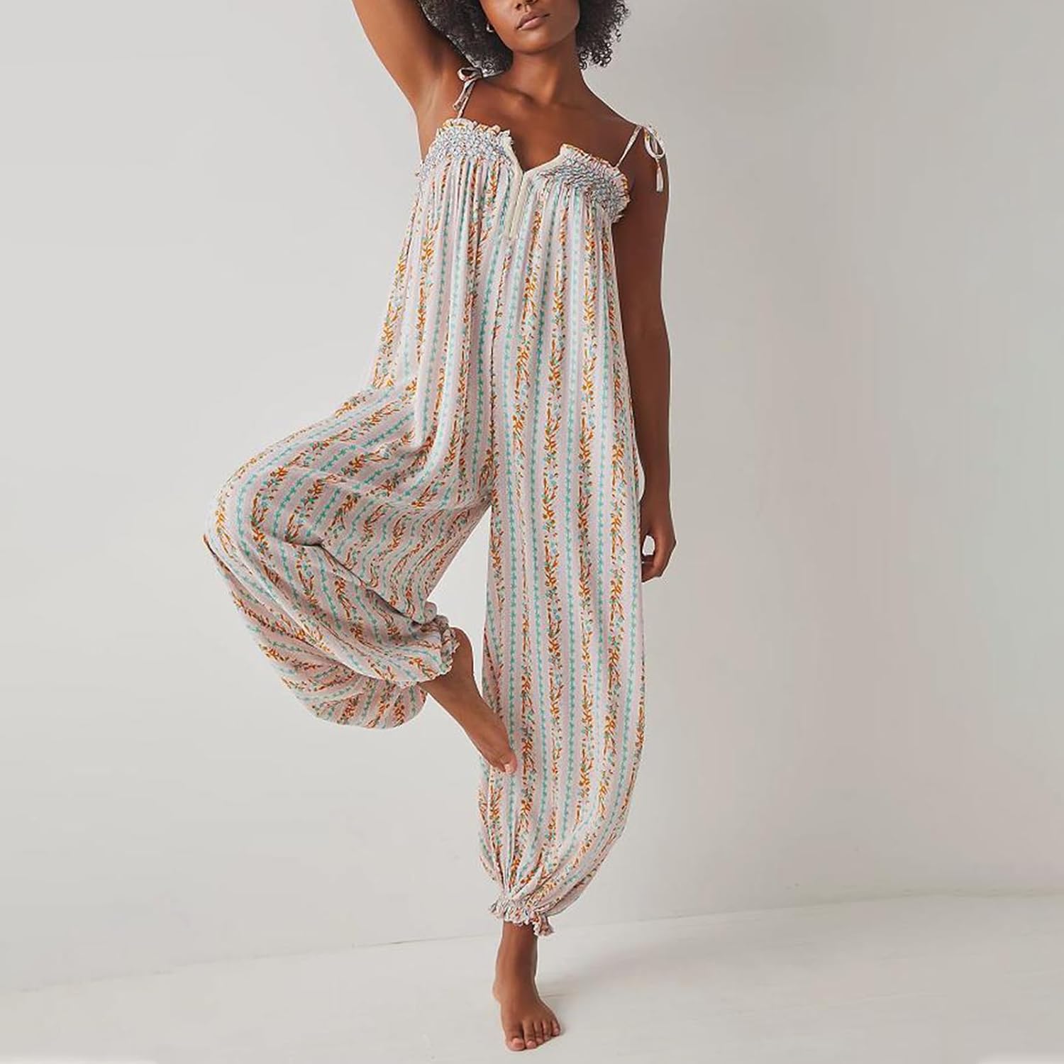 Owl's-Yard Women 's Loose Sleeveles Jumpsuits Retro Floral Print Adjustable Spaghetti Strap Baggy Long Pant Romper Jumpsuit - Image 2