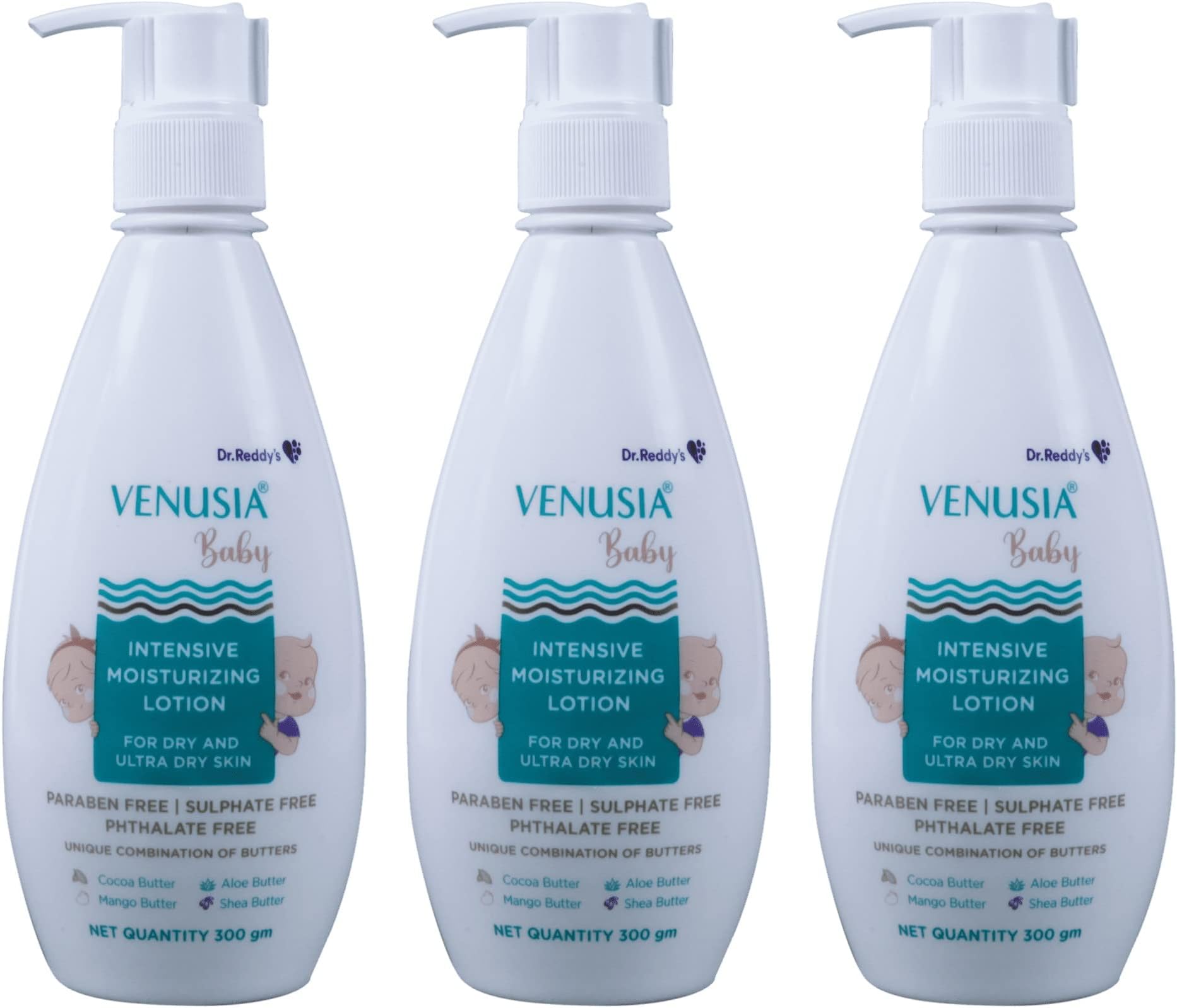 Dr. Reddy's Venusia Baby Intensive Moisturizing Lotion | Safe, Hydrating and Gentle | Goodness of Shea, Aloe, Cocoa and Mango Butter | Soothes Baby Skin | 300g (Pack of 3)