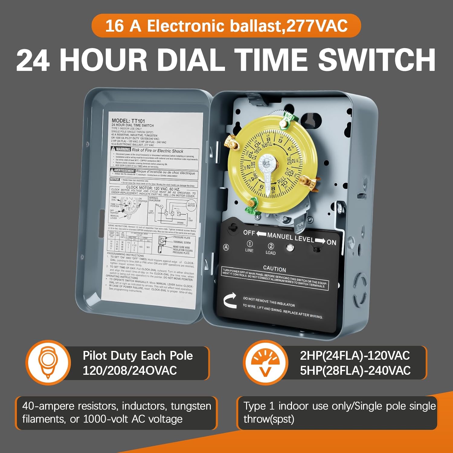 T101 Mechanical Timer Switch,120V 40A SPST,2HP for Outdoor Light Timer, Water Heater, HVAC & Pool Pump – 12 ON/Off Cycles, Switch T101 for Light Lighting Water Heater Fan and HVAC Systems