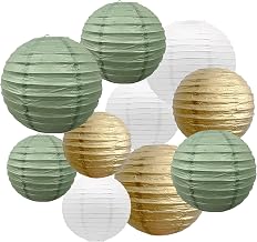 10 Pack Sage Green White Gold Round Paper Lanterns Lampshade Decoration for Wedding Baby Shower Gender Reveal Birthday Decoration
