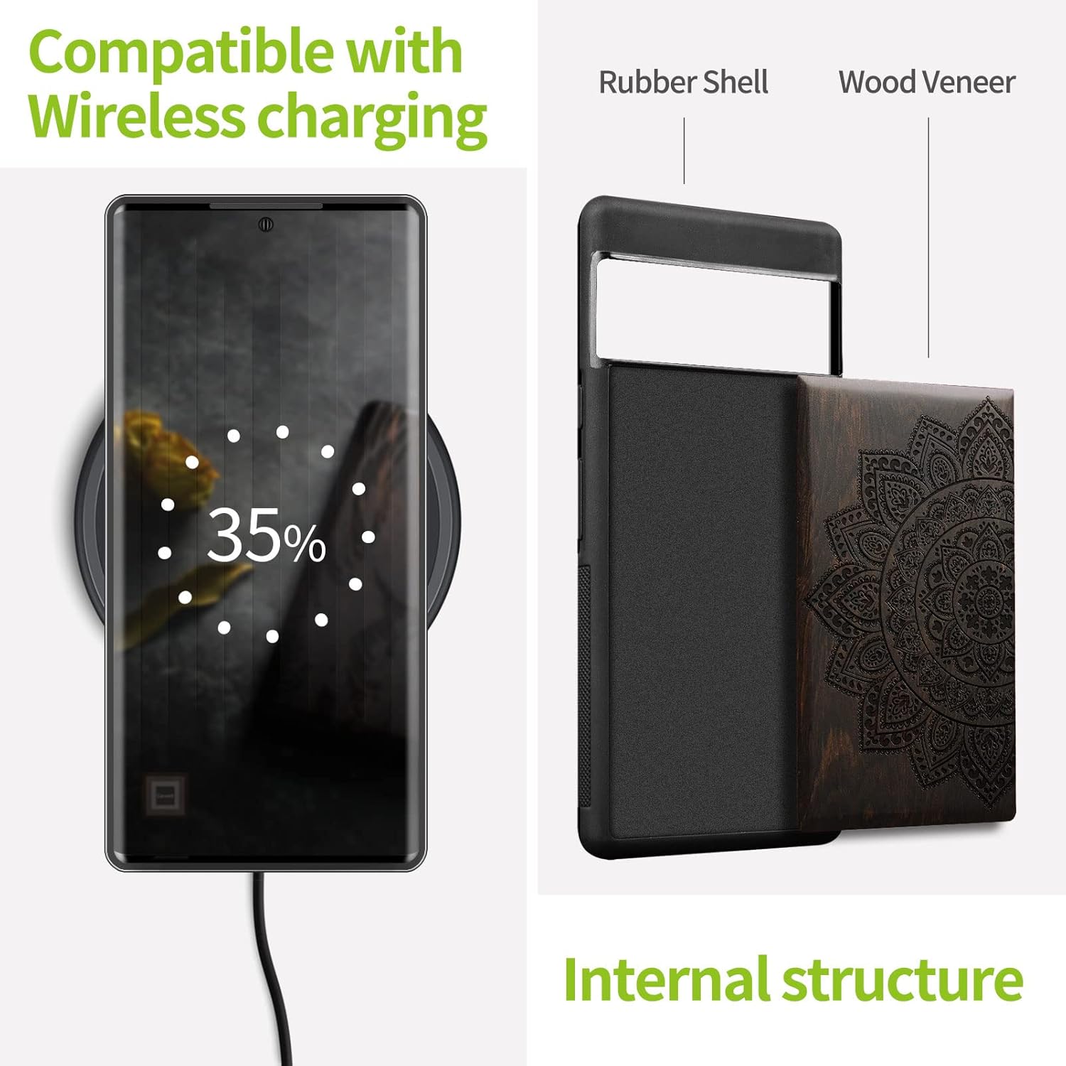 Carveit Wood Case for Pixel 7 Pro Case [Natural Wood & Black Soft TPU] Shockproof Protective Unique & Classy Wooden Cover Compatible with Google Pixel 7 Pro (Mandala Floral-Blackwood)