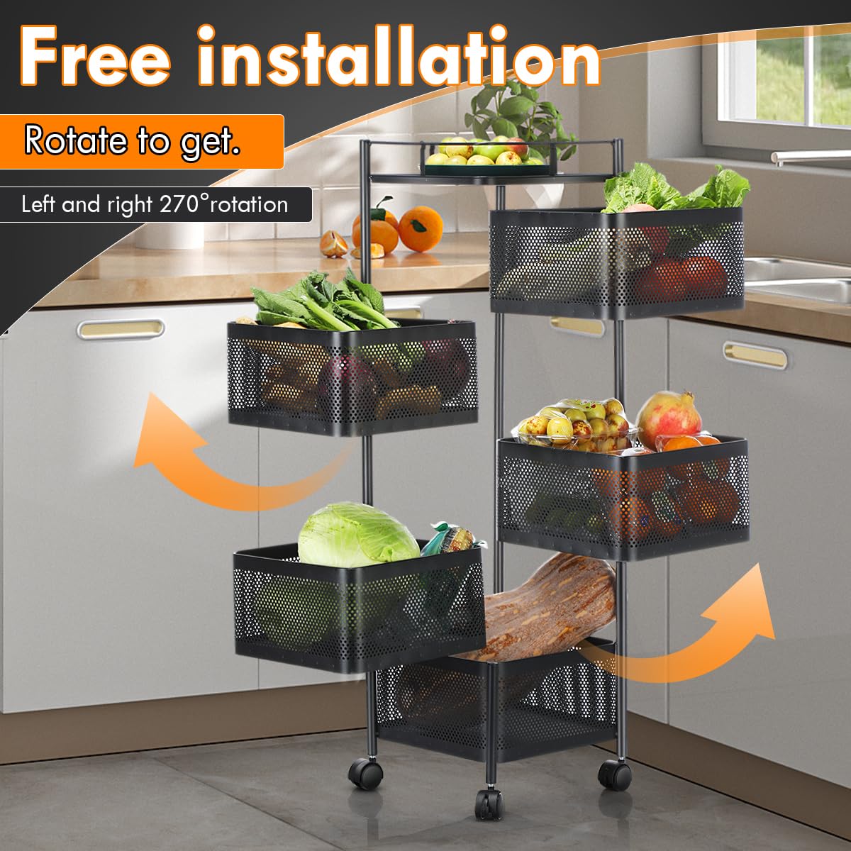 Carrito Auxiliar con Ruedas 5 Estantes, Carro de Cocina Multifuncional con Canastas, Carrito Verdulero y Frutero para Frutas y Verduras, Ruedas 360° para Cocina, Baño, Oficina, Despensa, Negro