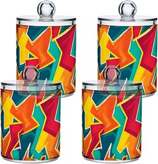 Bathroom Canister Set of 4 Red Orange Teal Geometric Lightning Qtip Holder Dispenser Clear Plastic Apothecary Jars with Lids Bathroom Organizer Storage Containers for Cotton Swab,Ball,Pads,Floss