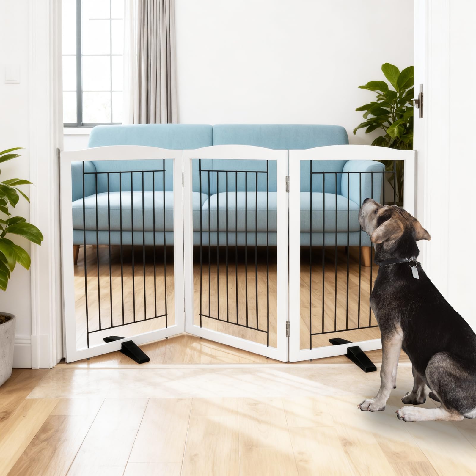 Dog Fence Indoor,Dog Gate Indoor for Doorway pet gate -3-Panel Freestanding, Hallways, House or Stairs -60x32-Inch Retractable Foldable Expandable