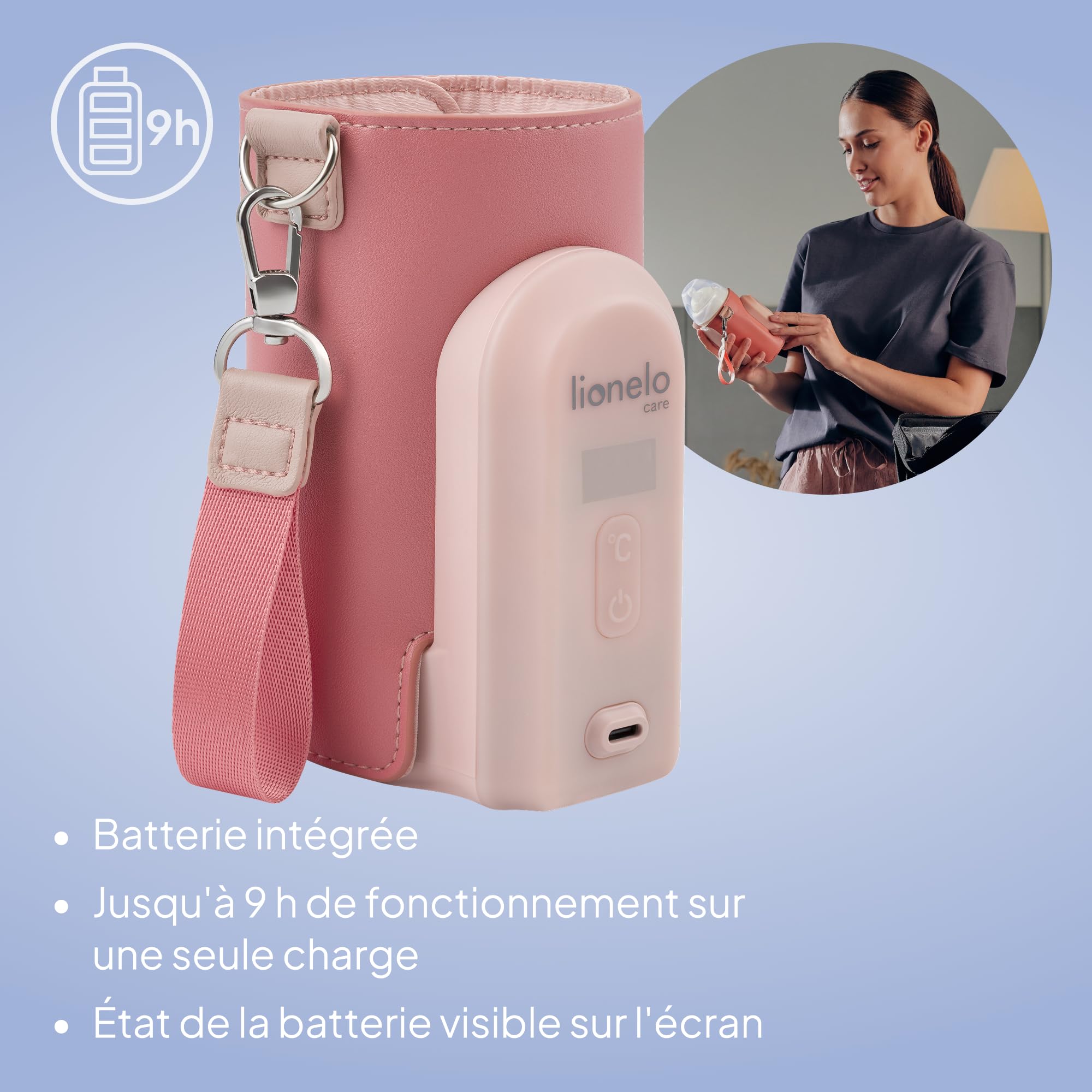 Lionelo Thermup Go Evo Chauffe-Biberon, 5 Températures 38-50°C, Écran LCD | Sans fil, jusqu'à 9 h d'autonomie, recharge USB-C, capteur de sécurité, compatible avec les biberons de 50 à 80 mm, Corail