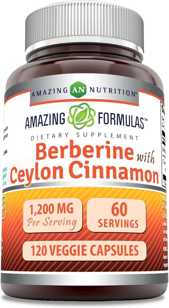 Amazing Formulas Berberine with Pure Ceylon Cinnamon 1200 Mg Per Serving | Premium Complex Supplement | Veggie Capsules | Non-GMO | Gluten Free | Made in USA (1 Pack | 120 Count)