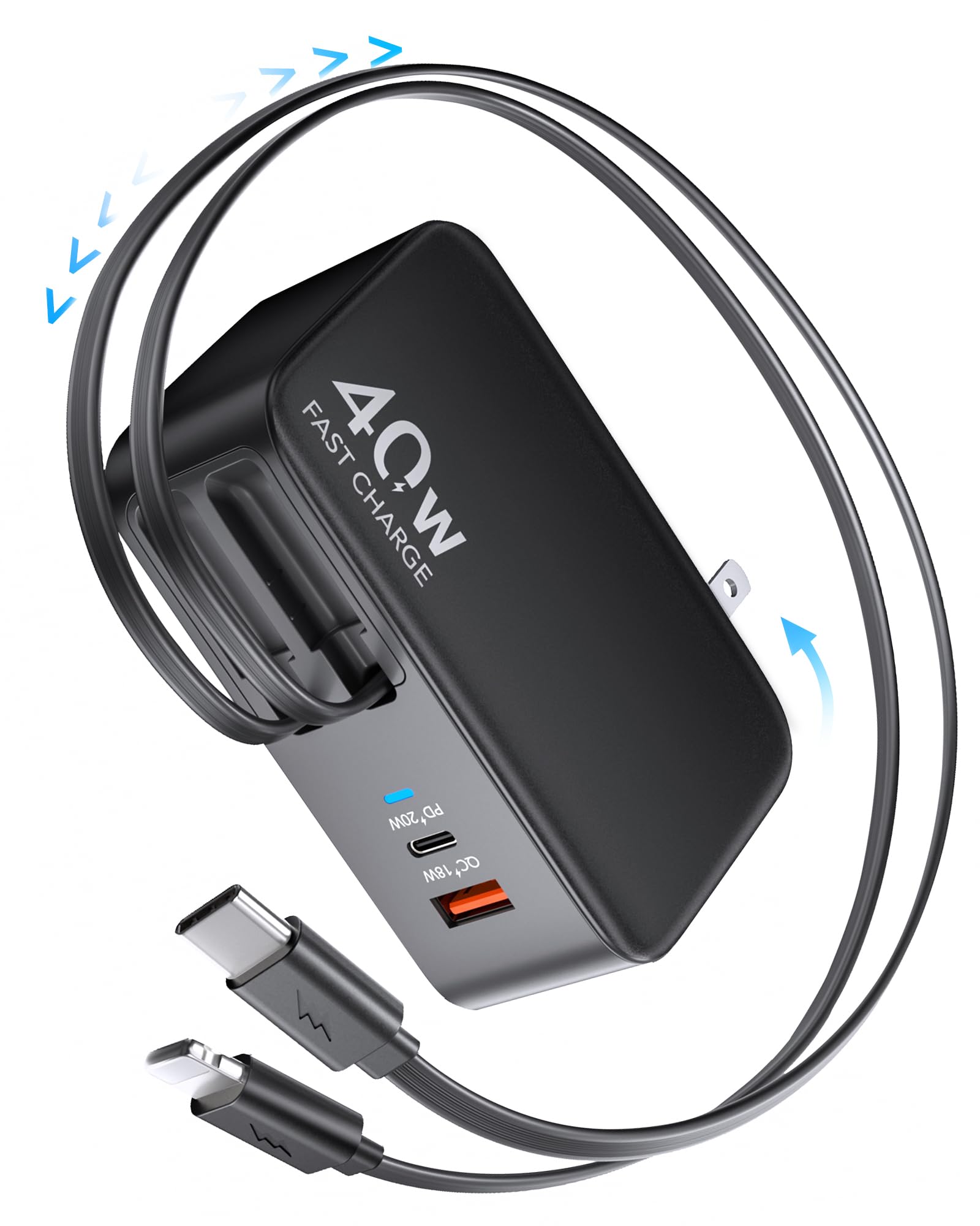 Retractable USB C Charger Wall Plug with 35.5in/90cm Type C Cables Cords,40W Fast Charging Foldable Block Multi Charger for All Devices for iPhone 17/16/15/14/13/12,iPad,Galaxy,Pixel — view 11