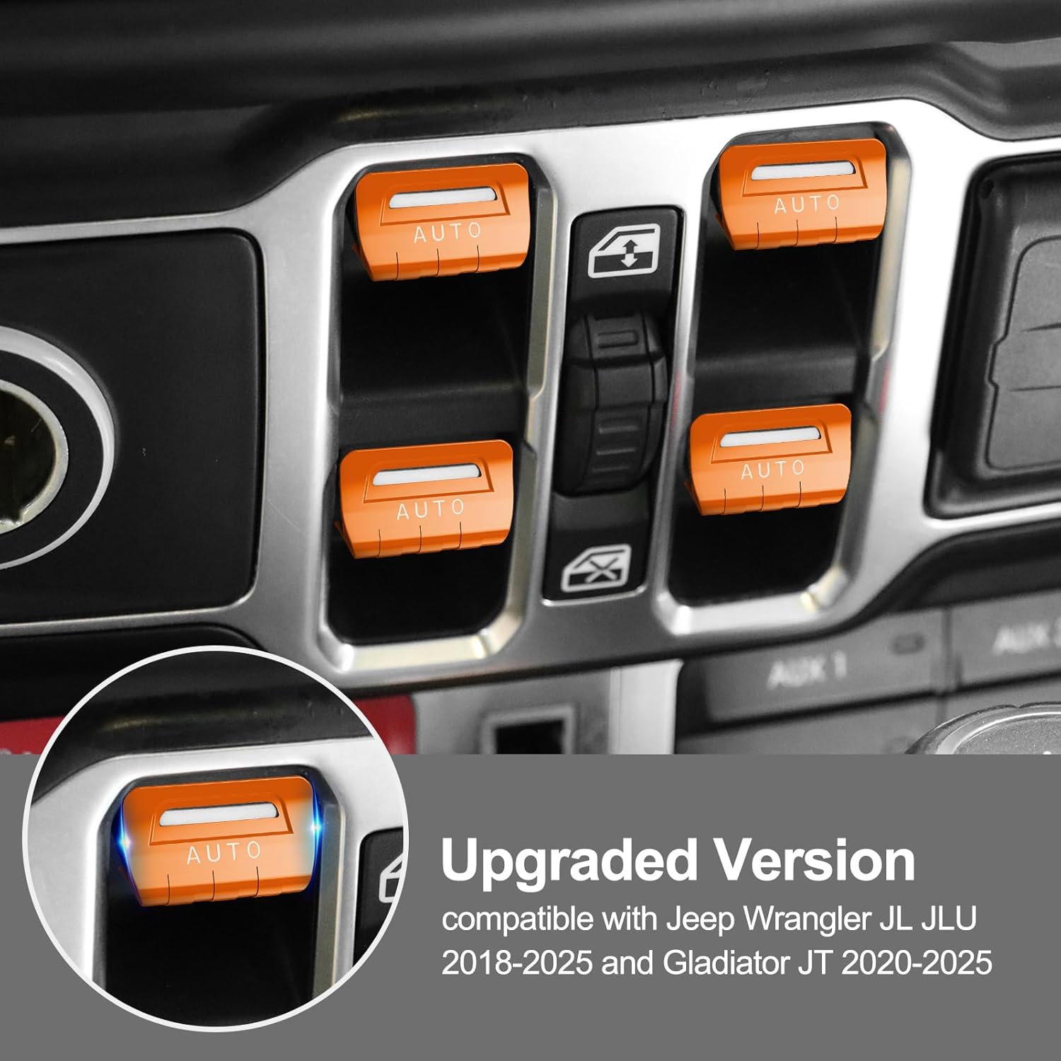 DIAMOOKY 4PCS Upgraded Metal Window Switch Button Cover Compatible with Jeep Wrangler JL JLU 2018-2026 and Gladiator JT 2020-2022 2023 2024 2025 2026 Wrangler 4xe Interior Accessories(Metal-Orange)