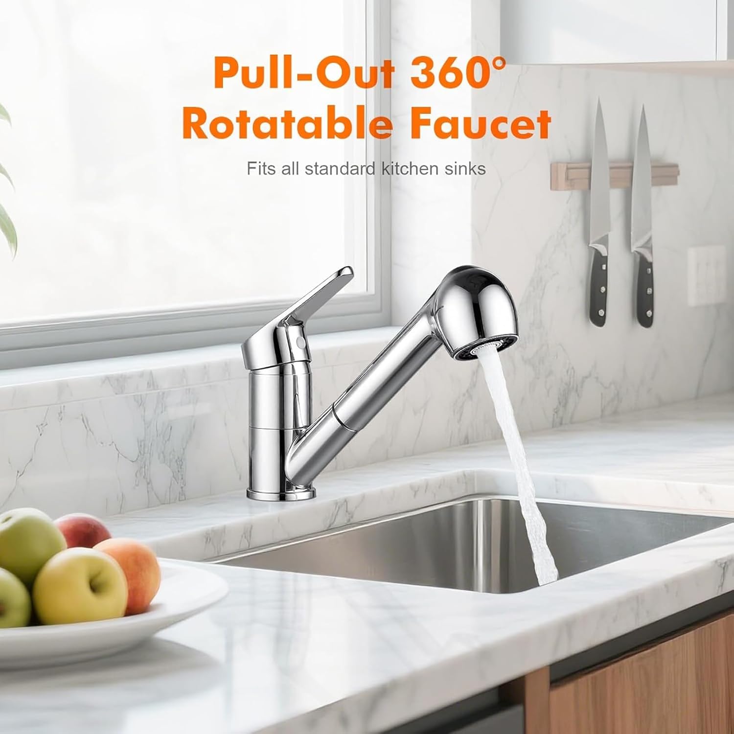 Kitchen Faucets - Pull Out Kitchen Tap 360° Swivel Spout, Kitchen Sink Mixer Tap with Pull Out Spray Head, 2 Water Outlet Modes, Chrome